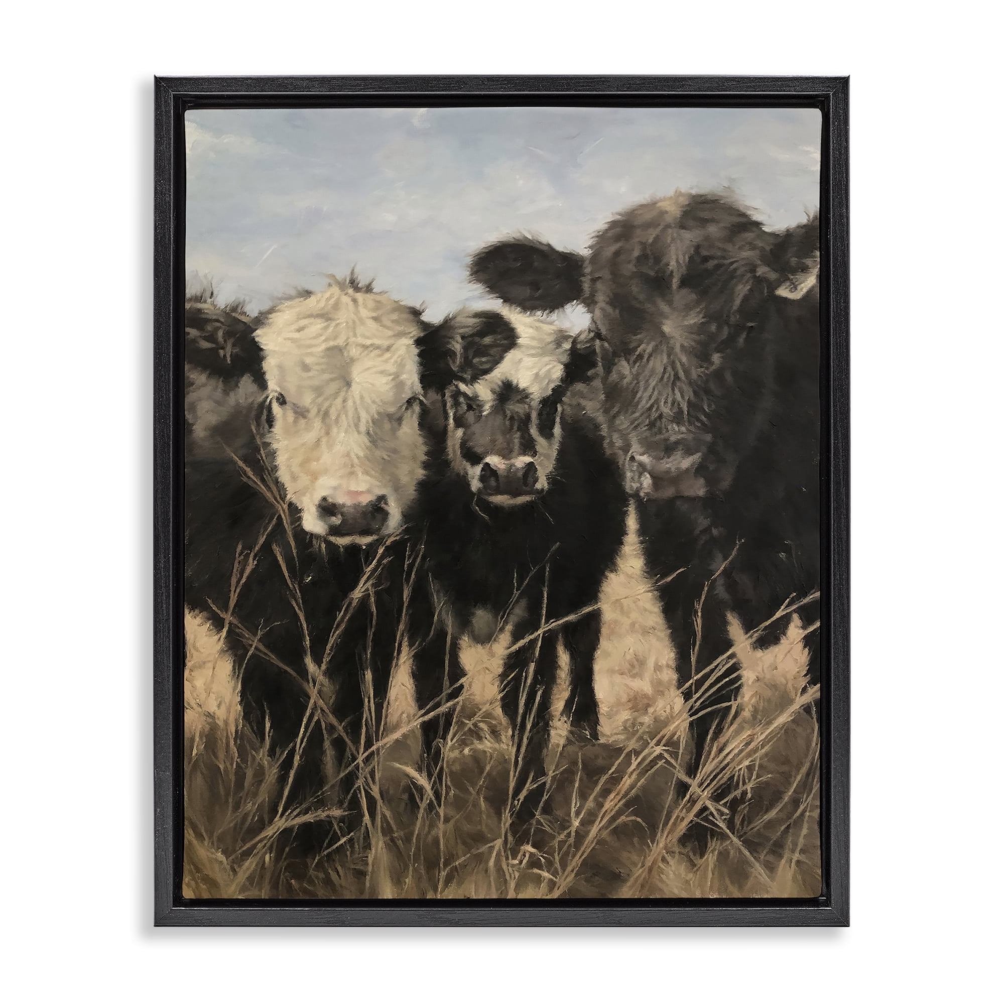 Stupell Industries All In Cow Family Animals Painting Black Floater Framed Canvas Art Print Wall Art, 25 x 31