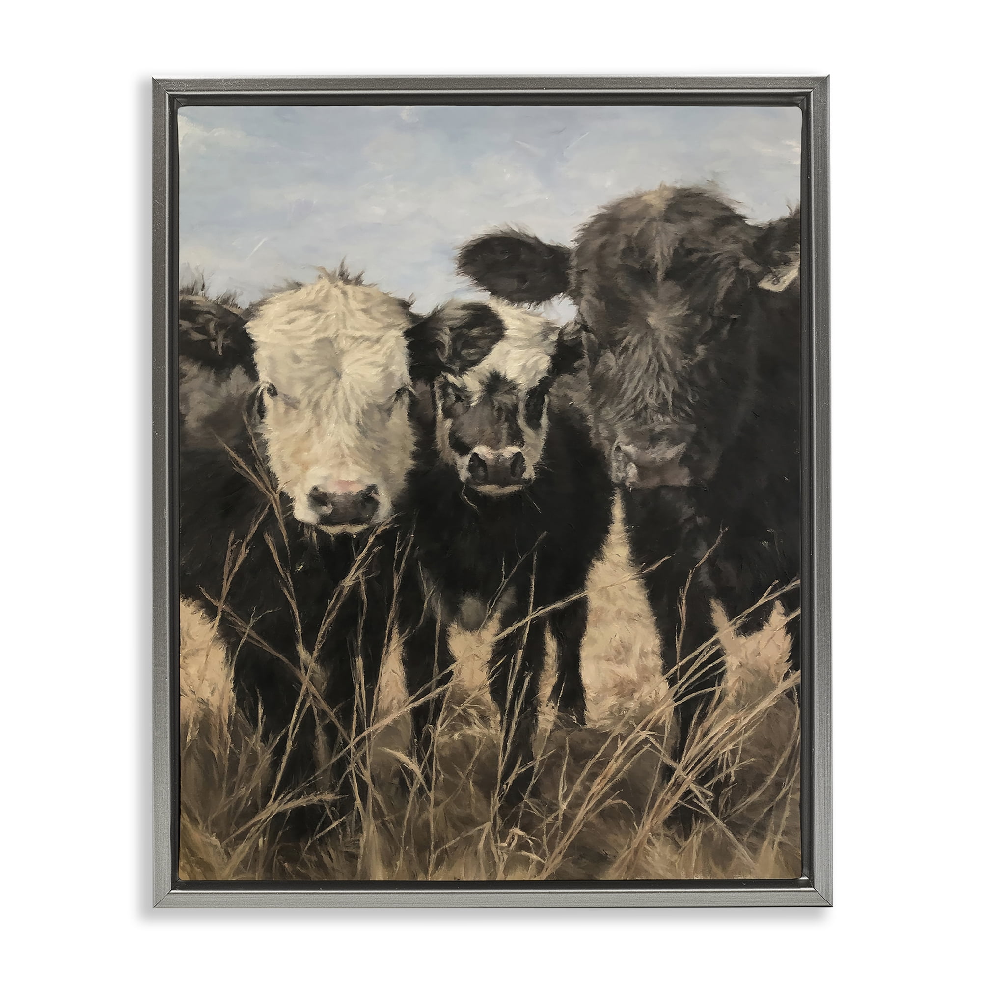 Stupell Industries All In Cow Family Animals Painting Gray Floater Framed Canvas Art Print Wall Art, 17 x 21