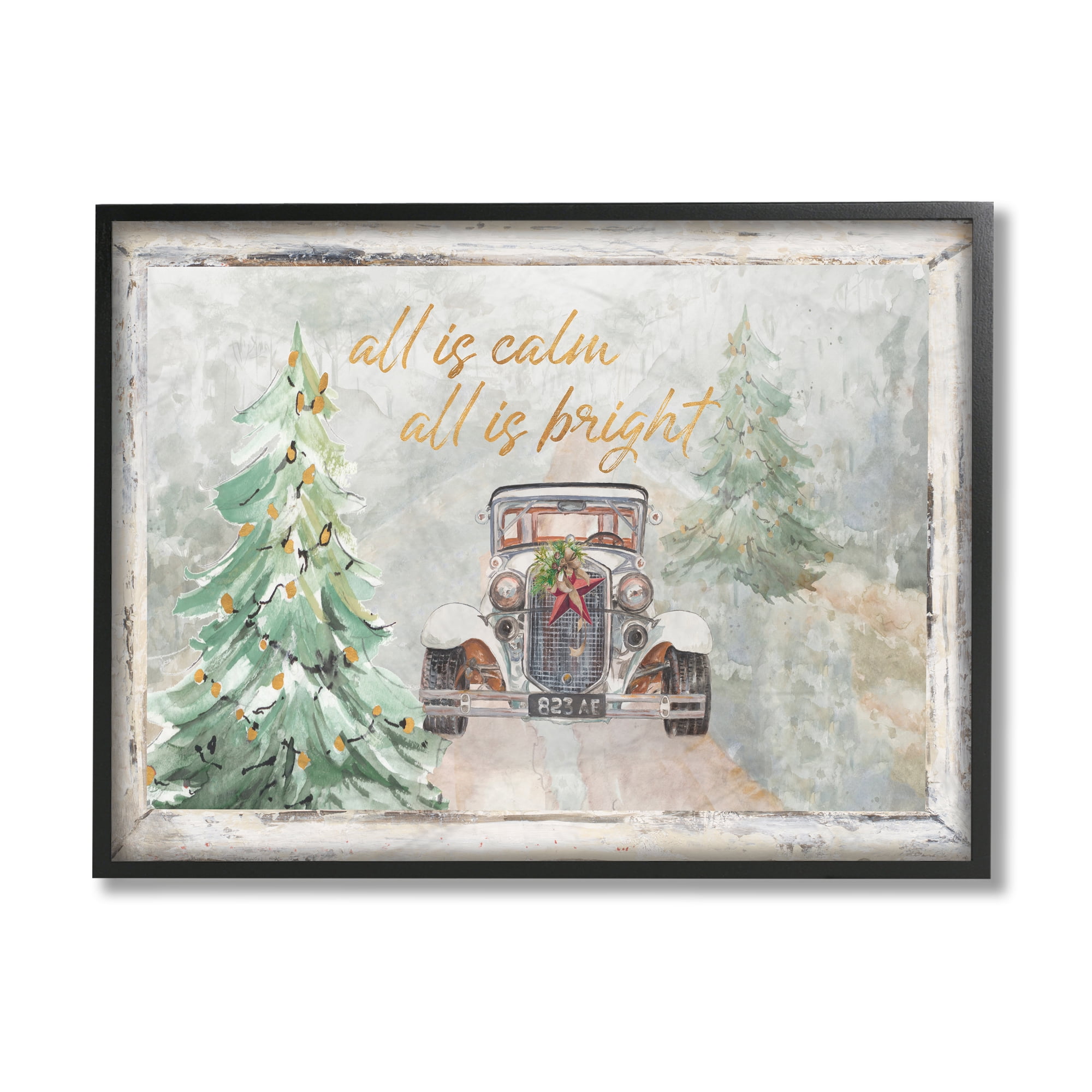 Stupell Industries All Is Calm Phrase Vintage Christmas Country Road Holiday Painting Black Framed Art Print Wall Art, 11 x 14