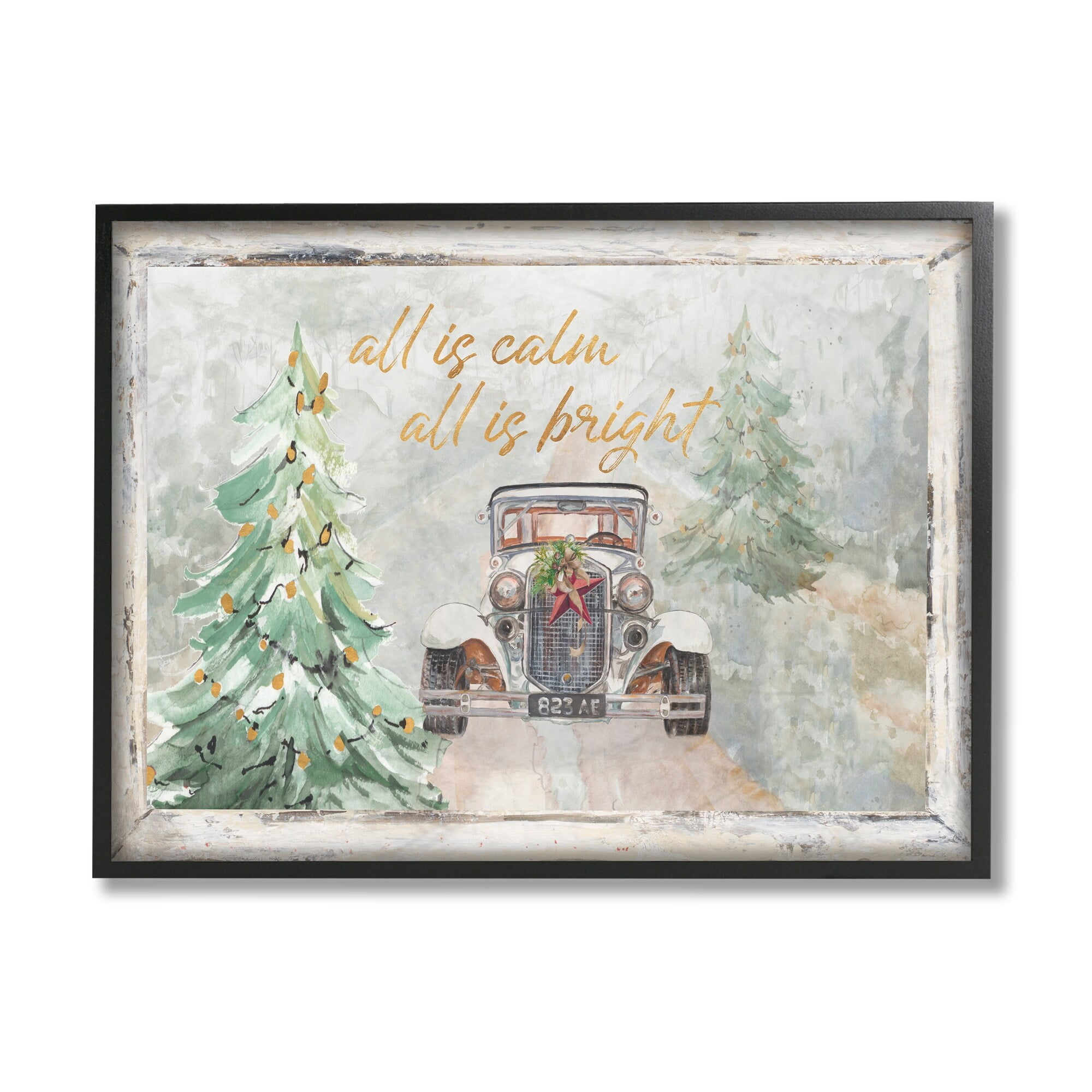 Stupell Industries All Is Calm Phrase Vintage Christmas Country Road Holiday Painting Black Framed Art Print Wall Art, 24 x 30