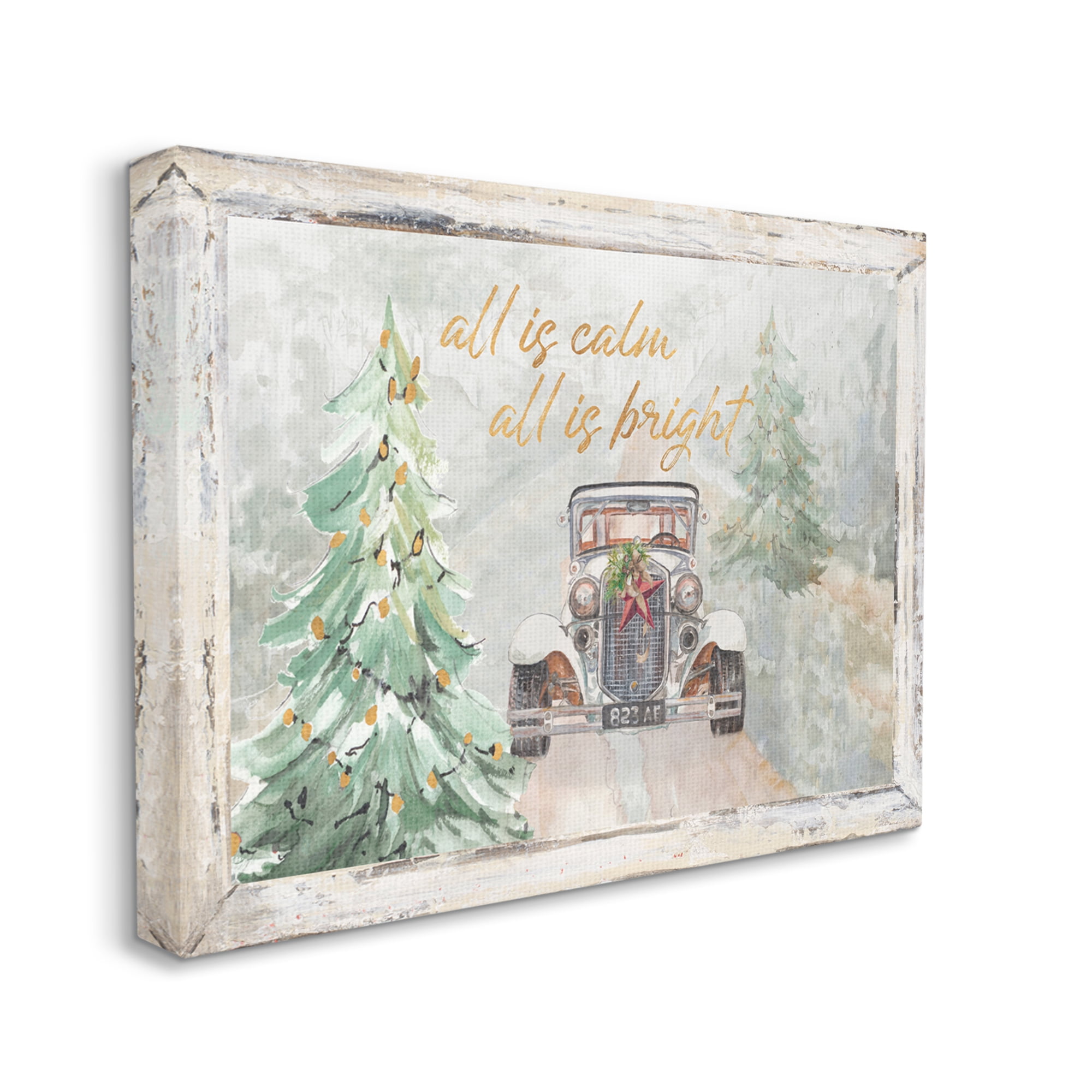 Stupell Industries All Is Calm Phrase Vintage Christmas Country Road Holiday Painting Gallery Wrapped Canvas Art Print Wall Art, 36 x 48