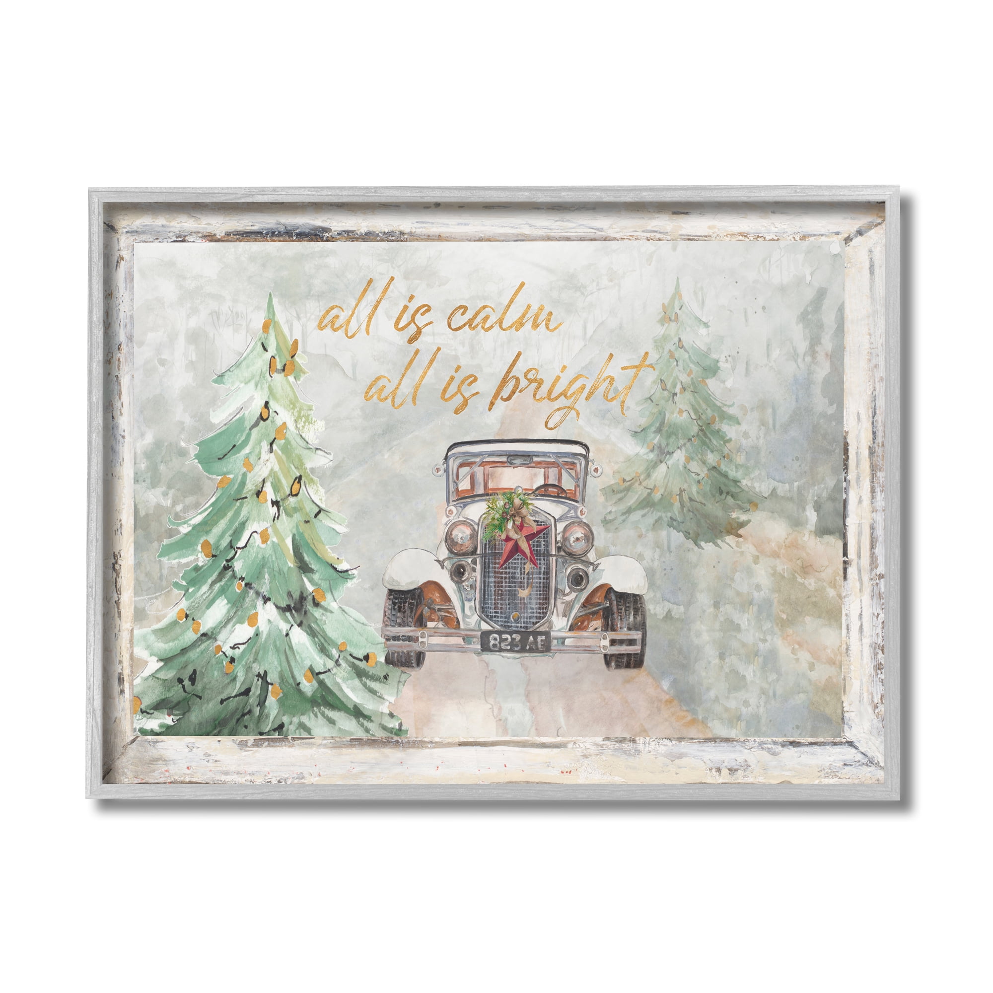 Stupell Industries All Is Calm Phrase Vintage Christmas Country Road Holiday Painting Gray Framed Art Print Wall Art, 11 x 14