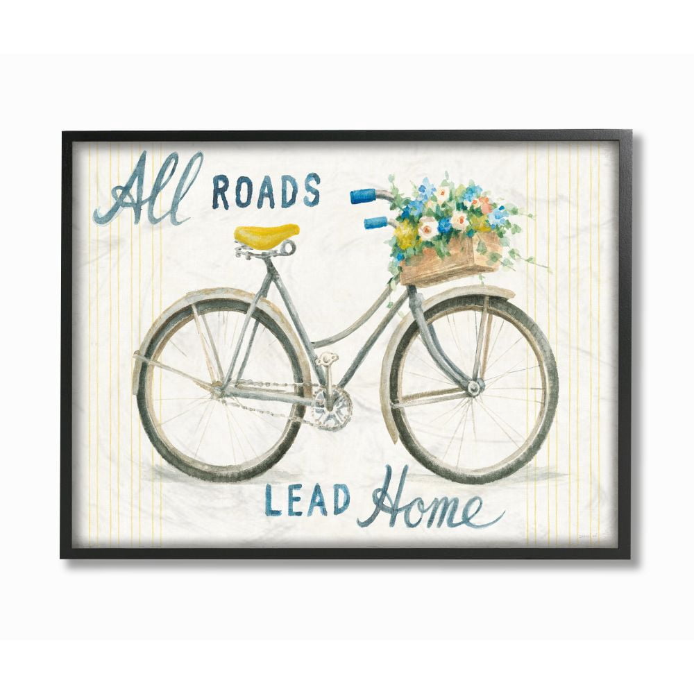 Stupell Industries All Roads Lead Home Bicycle Flower Basket Cottage Quote Framed Wall Art Design by Danhui Nai, 11" x 14", Black Framed