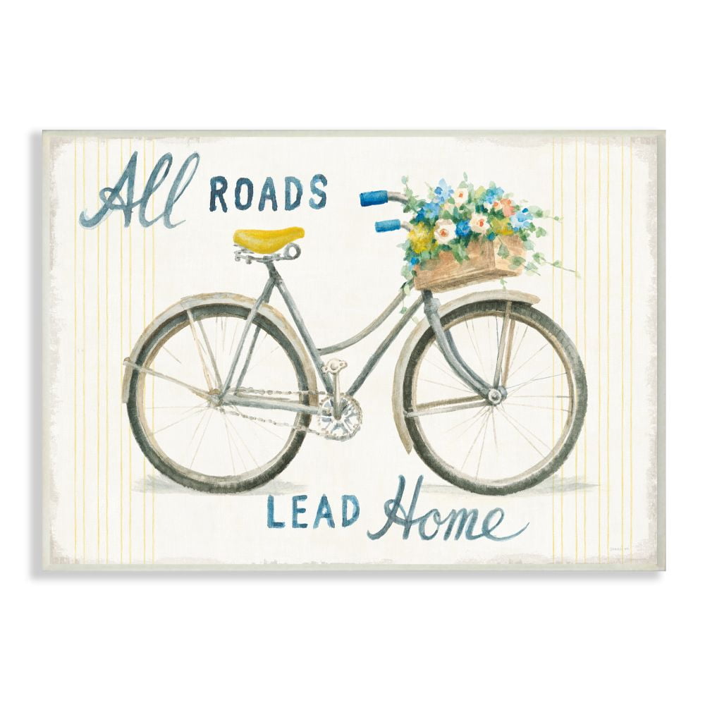 Stupell Industries All Roads Lead Home Bicycle Flower Basket Cottage Quote Paintings Unframed Art Print Wall Art, 13x19, by Danhui Nai