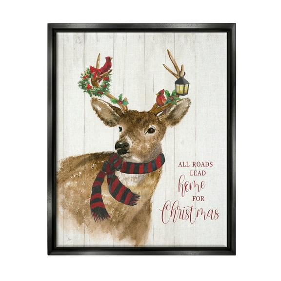 Stupell Industries All Roads Lead Home Christmas Deer Holiday Painting Black Floater Framed Art Print Wall Art
