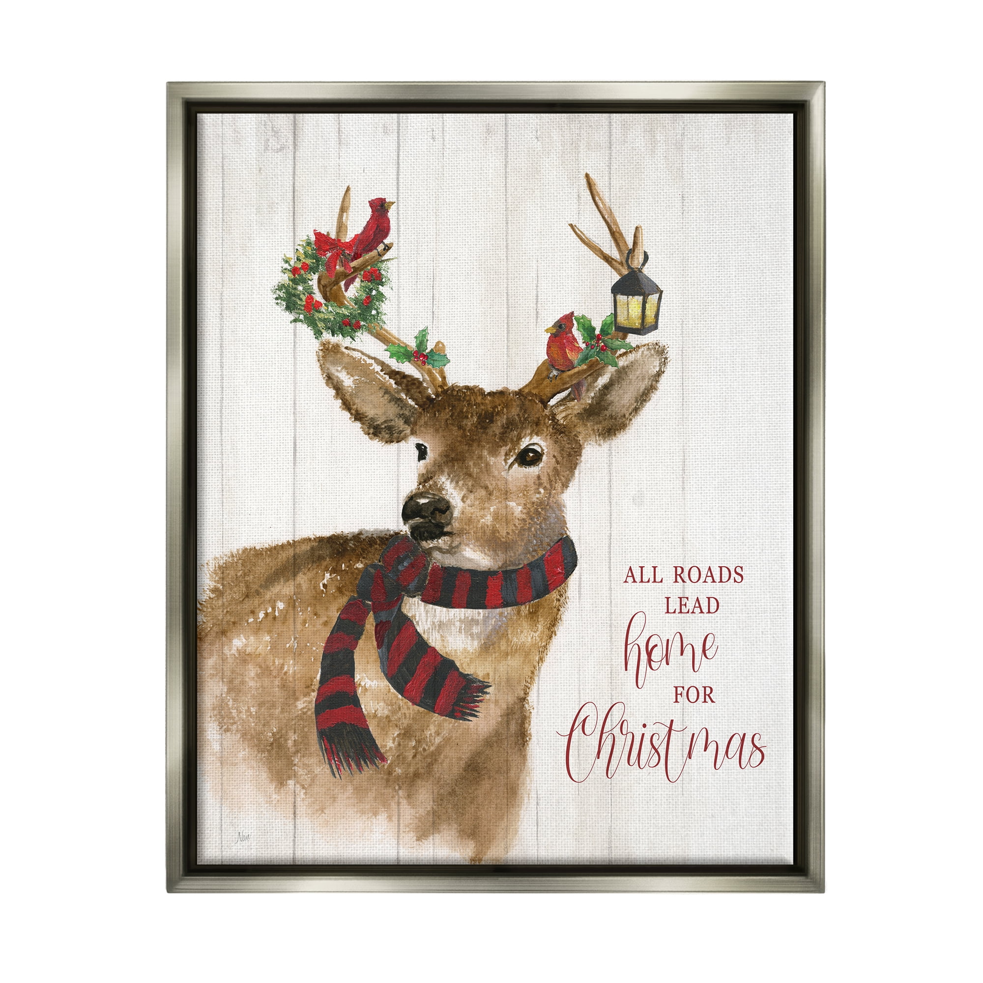 Stupell Industries All Roads Lead Home Christmas Deer Holiday Painting Gray Floater Framed Art Print Wall Art