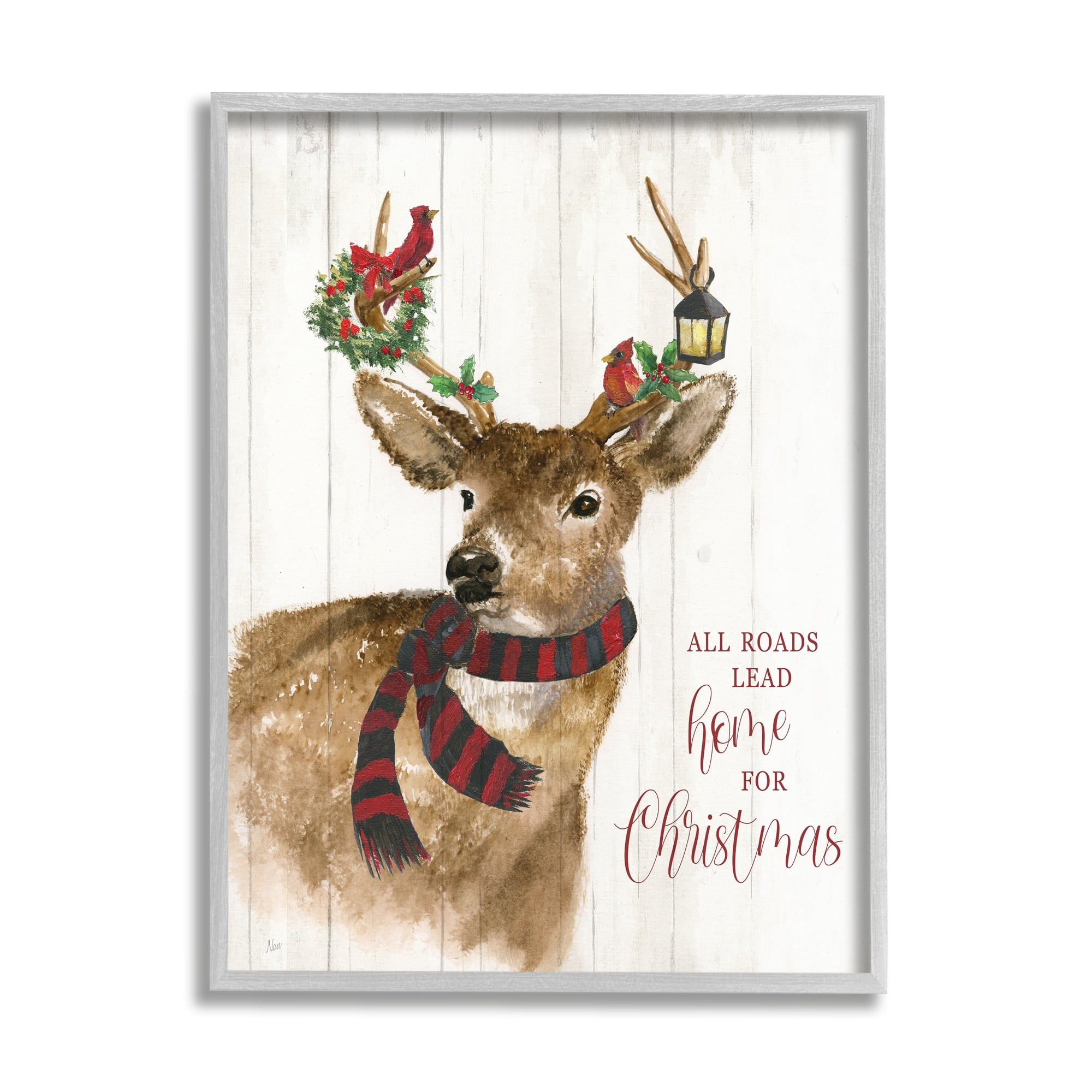 Stupell Industries All Roads Lead Home Christmas Deer Holiday Painting Gray Framed Art Print Wall Art