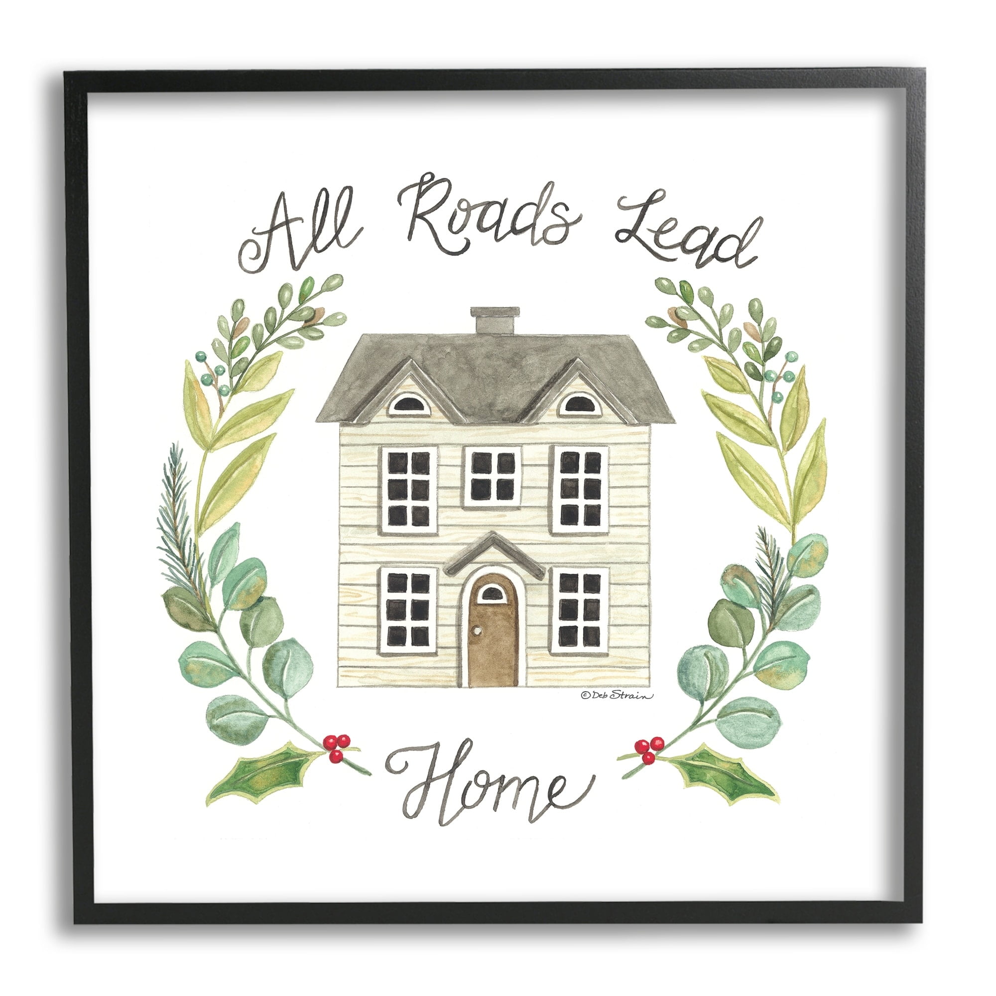 Stupell Industries All Roads Lead Home Cottage Botanical Border Graphic Art Black Framed Art Print Wall Art, Design by Deb Strain