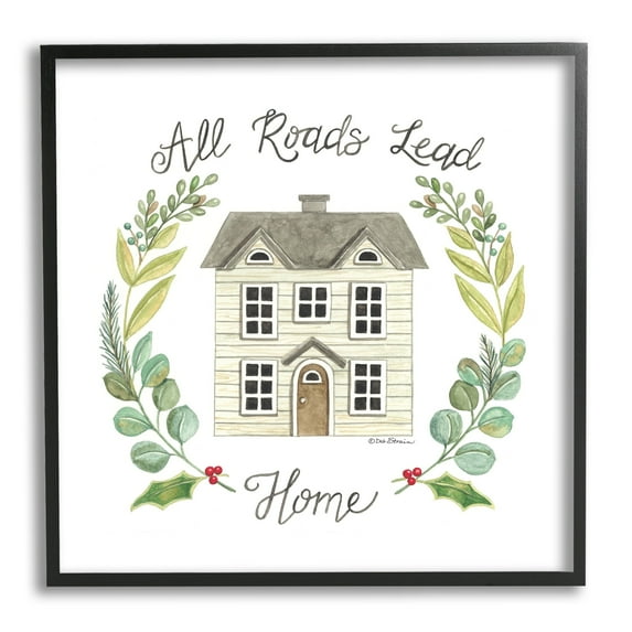 Stupell Industries All Roads Lead Home Cottage Botanical Border Graphic Art Black Framed Art Print Wall Art, Design by Deb Strain