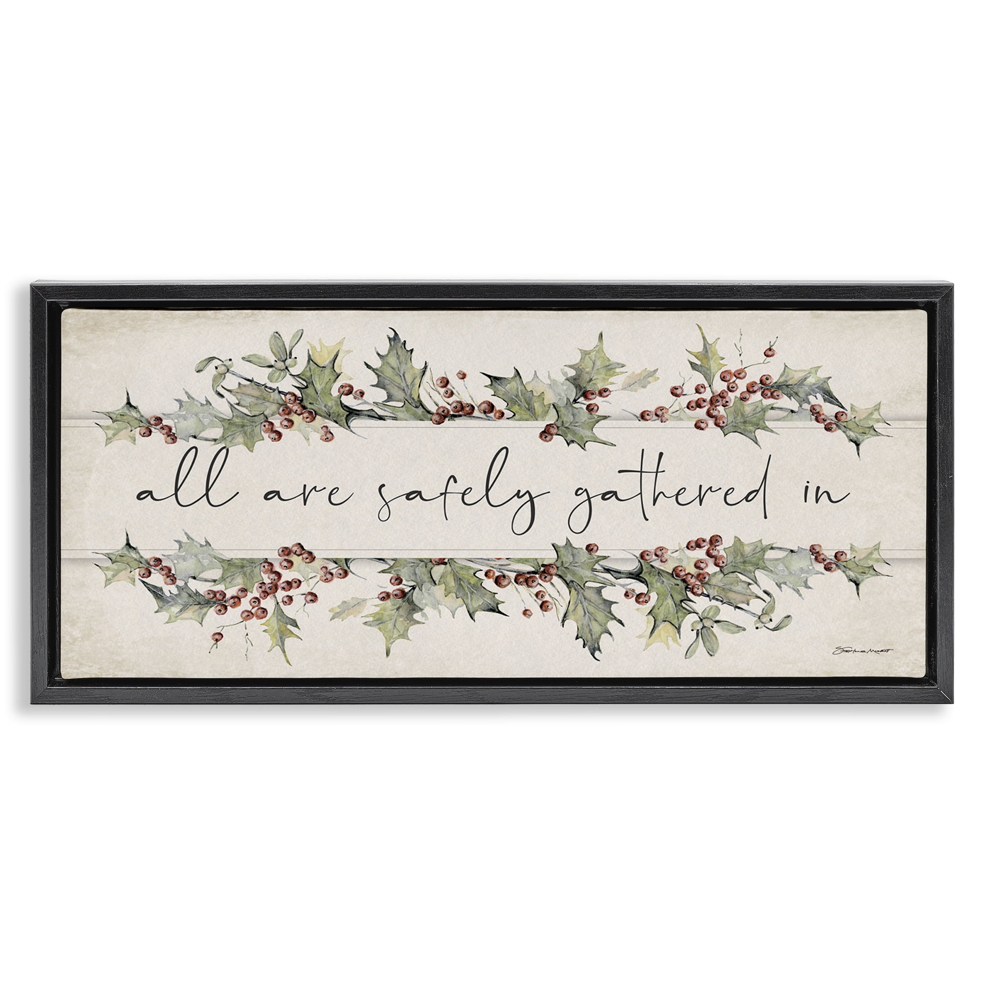 Stupell Industries All Safely Gathered Phrase Holiday Painting Black Floater Framed Canvas Art Print Wall Art, 25 x 11