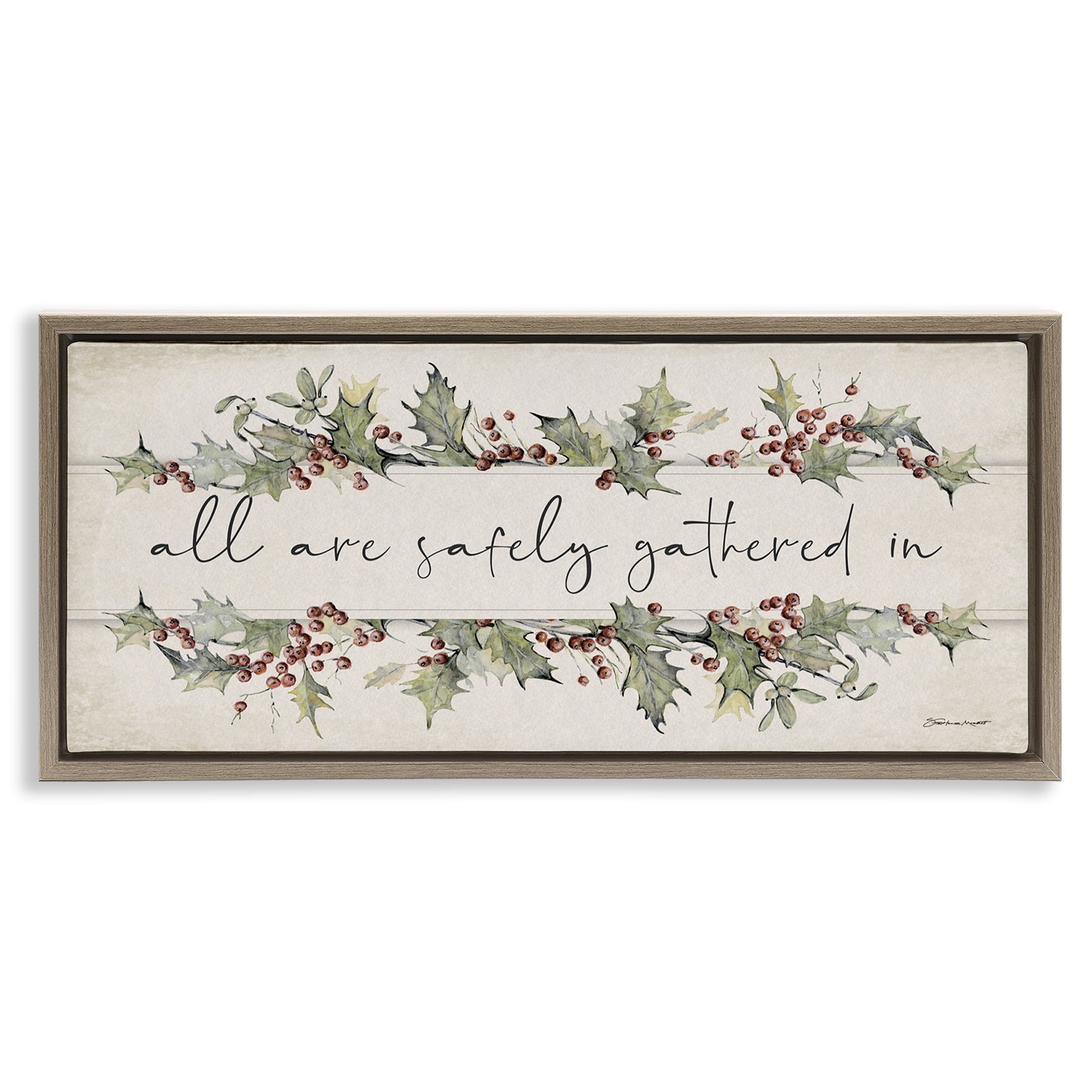 Stupell Industries All Safely Gathered Phrase Holiday Painting Brown Floater Framed Canvas Art Print Wall Art, 31 x 14