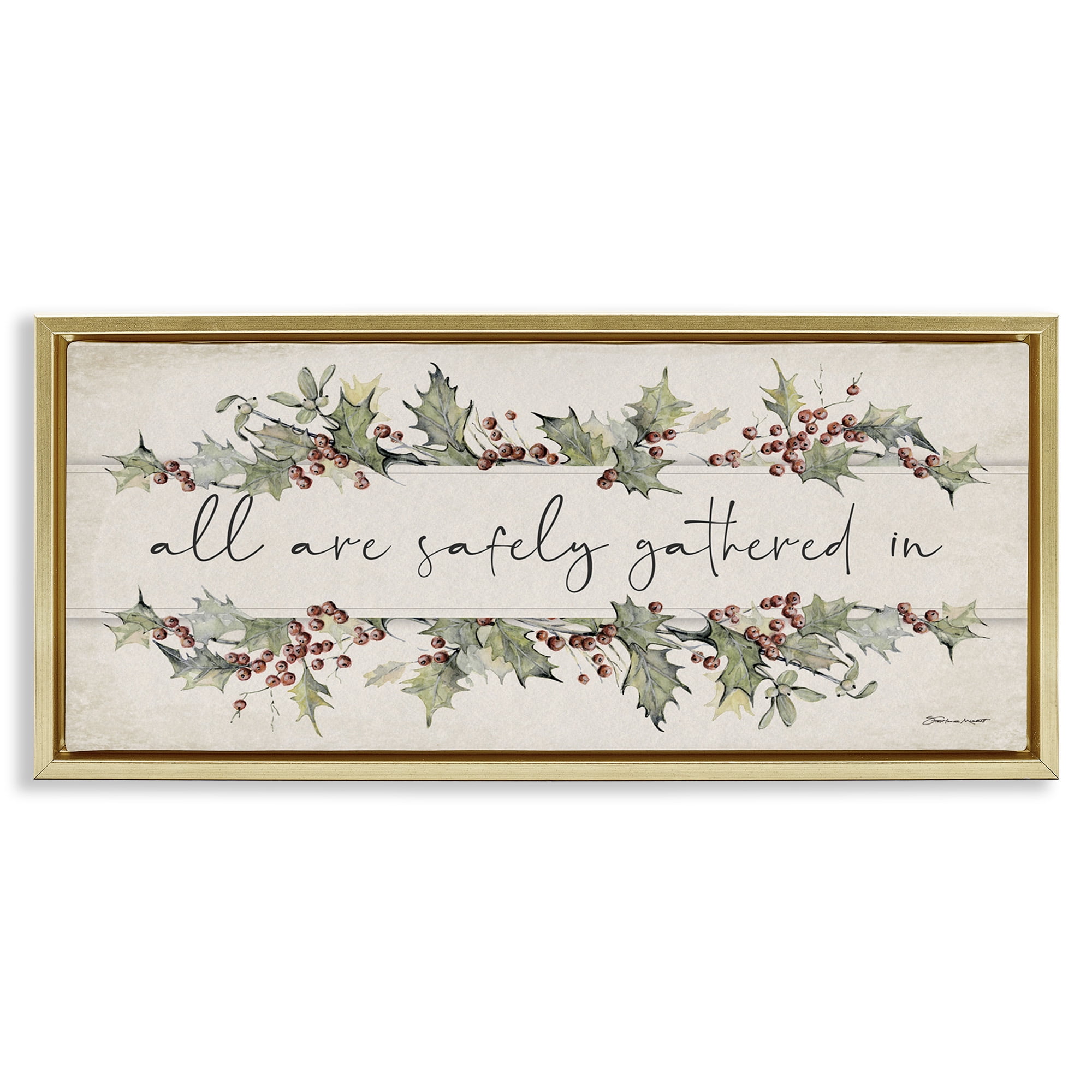 Stupell Industries All Safely Gathered Phrase Holiday Painting Gold Floater Framed Canvas Art Print Wall Art, 31 x 14