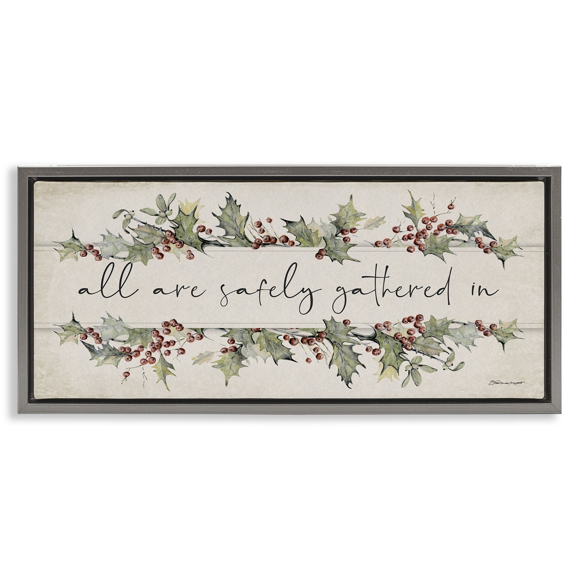 Stupell Industries All Safely Gathered Phrase Holiday Painting Gray Floater Framed Canvas Art Print Wall Art, 31 x 14