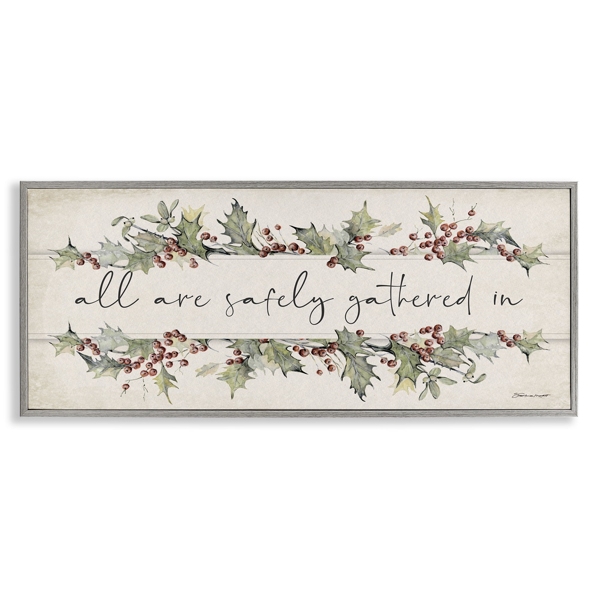 Stupell Industries All Safely Gathered Phrase Holiday Painting Gray Framed Art Print Wall Art, 24 x 10