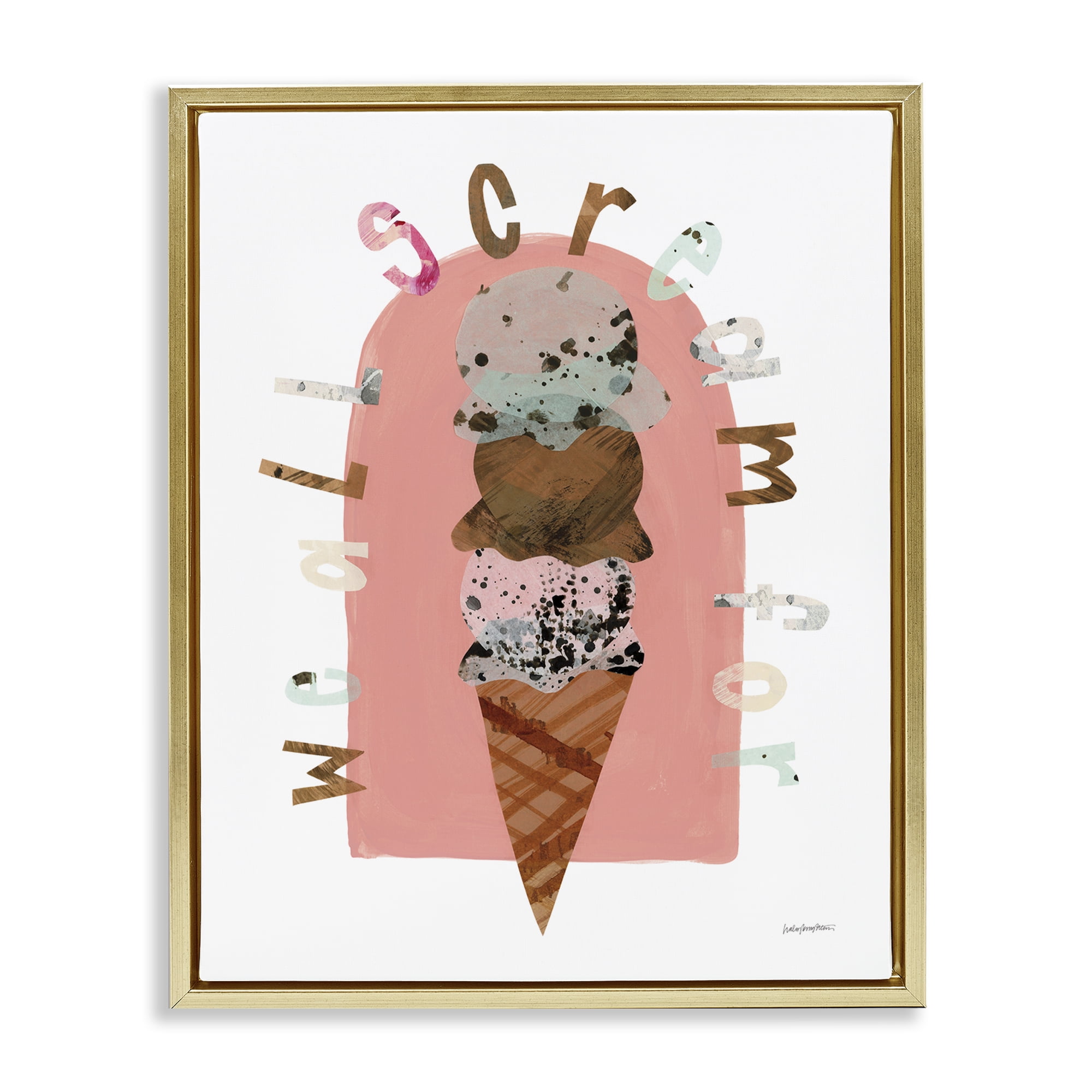 Stupell Industries All Scream For Ice Cream Food & Beverage Painting Gold Floater Framed Canvas Art Print Wall Art, 17 x 21