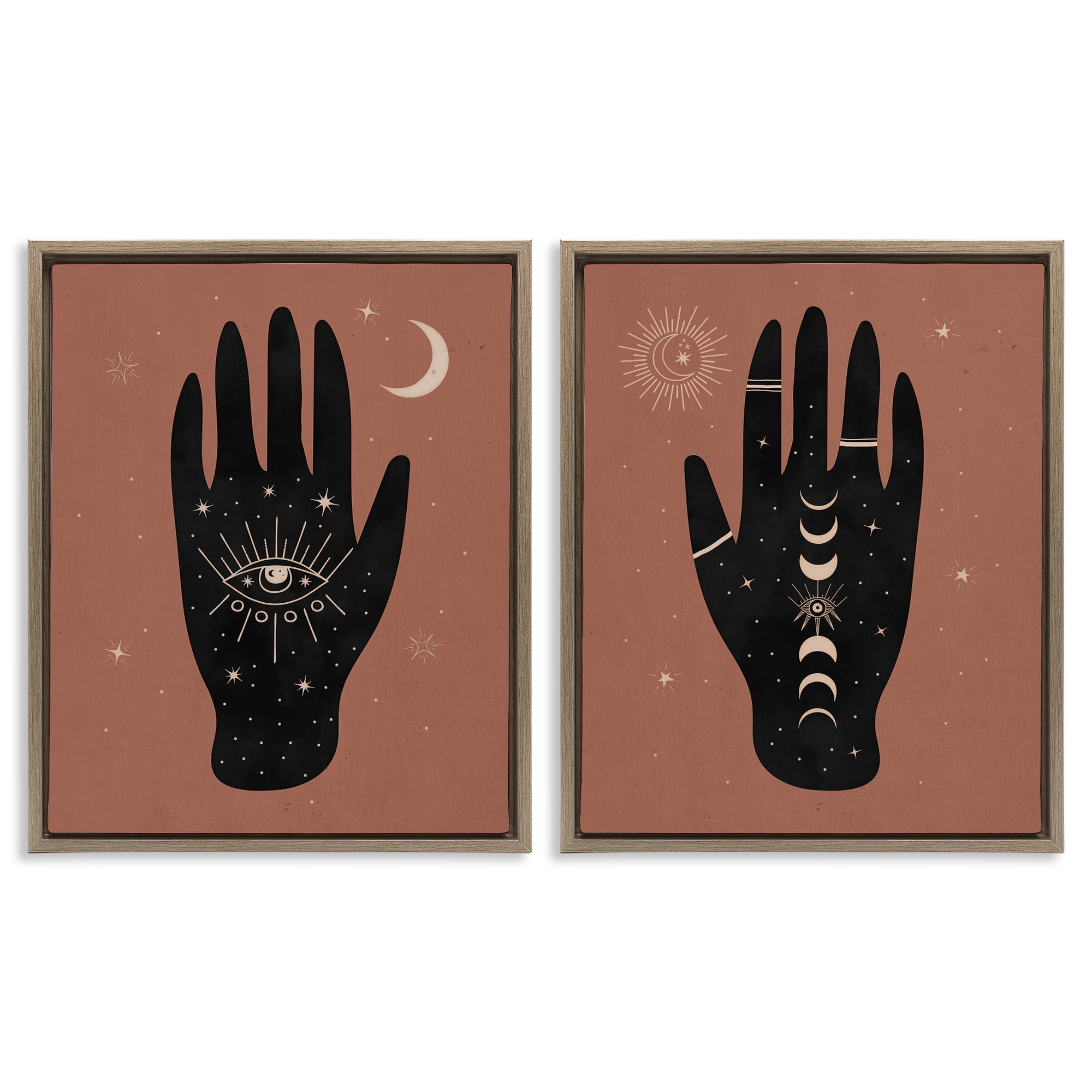 Stupell Industries All Seeing Mystical Hands Astrology & Stars Painting Brown Floater Framed Canvas Art Print Wall Art, 17 x 21, Set of 2