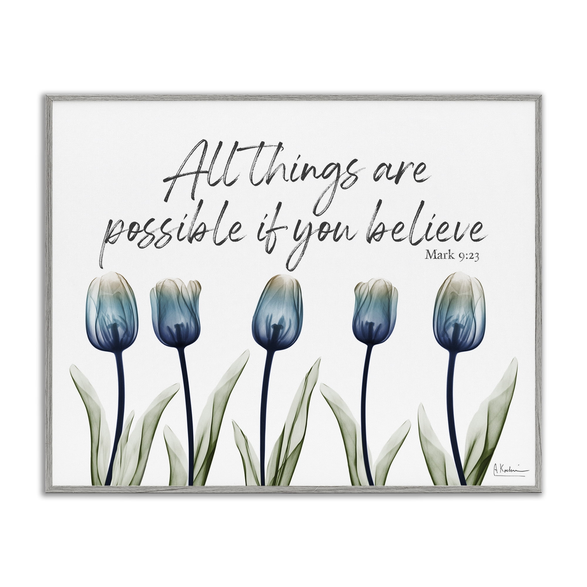 Stupell Industries All Things Possible Tulips Religious Painting Gray Framed Art Print Wall Art, 14 x 11