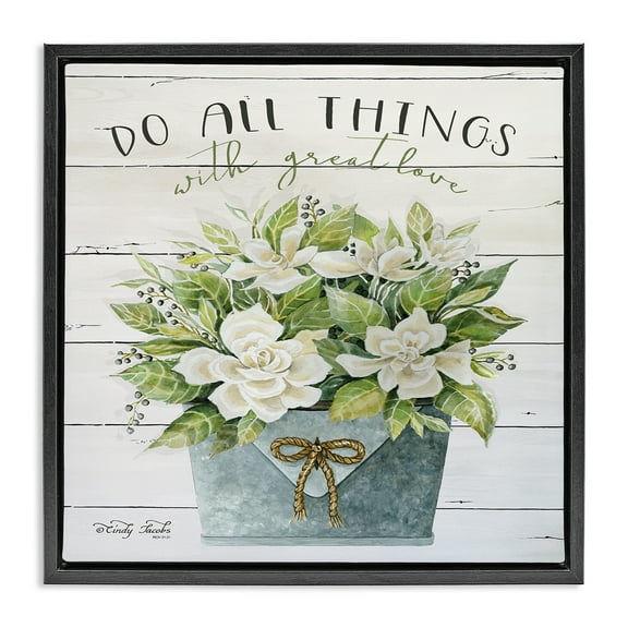 Stupell Industries All Things With Love Floral Magnolia Botanical & Floral Painting Black Floater Framed Canvas Art Print Wall Art, 18 x 18