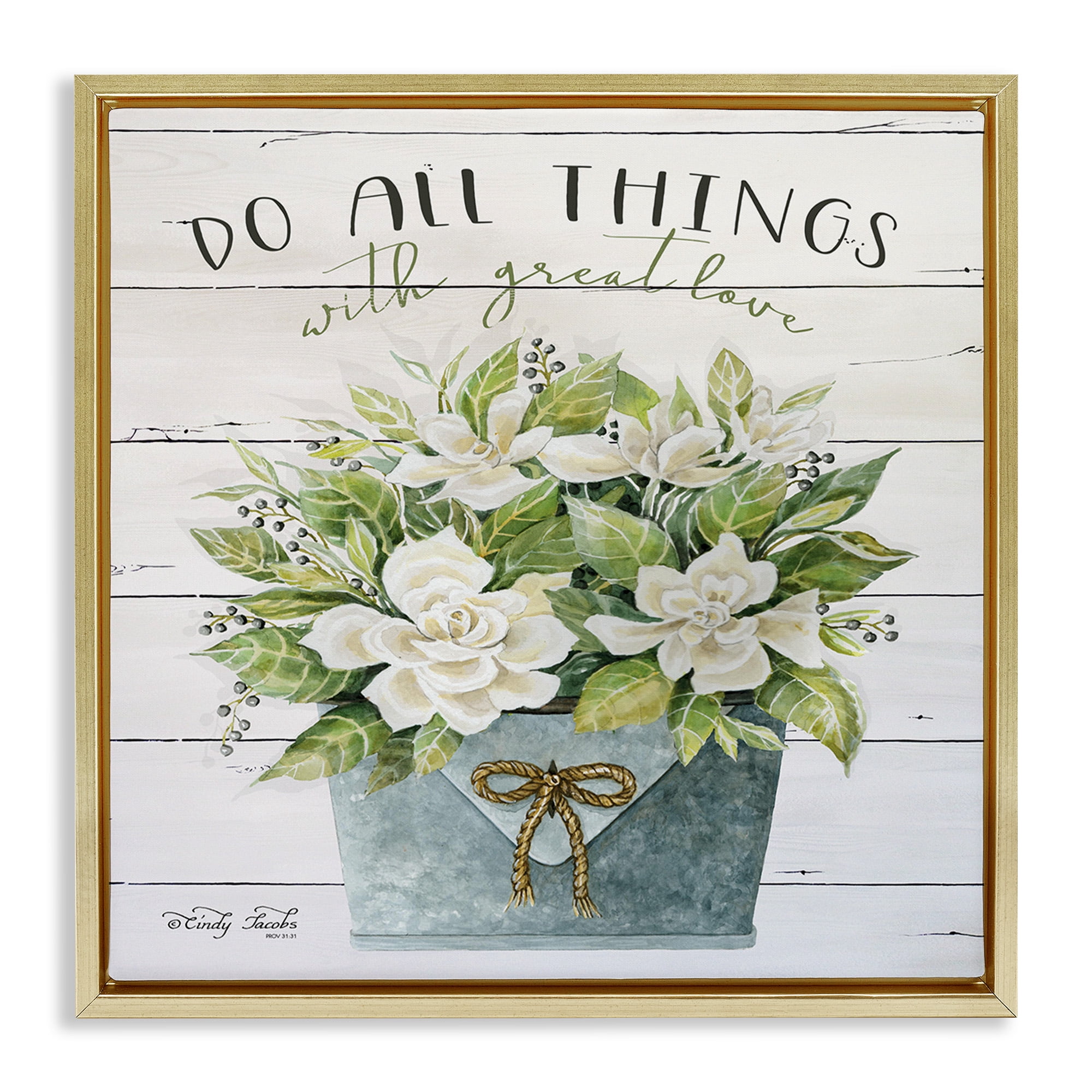 Stupell Industries All Things With Love Floral Magnolia Botanical & Floral Painting Gold Floater Framed Canvas Art Print Wall Art, 25 x 25
