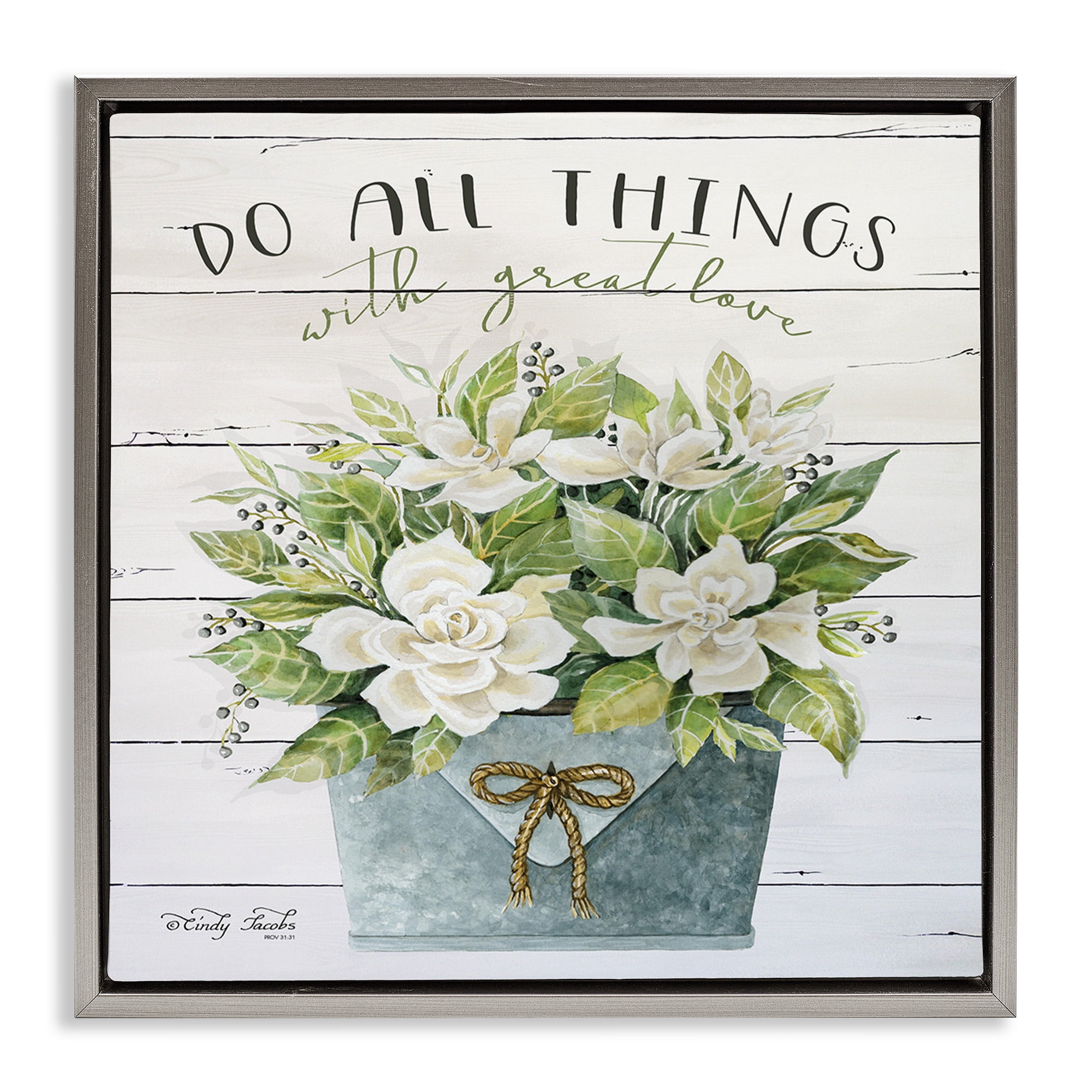 Stupell Industries All Things With Love Floral Magnolia Botanical & Floral Painting Gray Floater Framed Canvas Art Print Wall Art, 18 x 18
