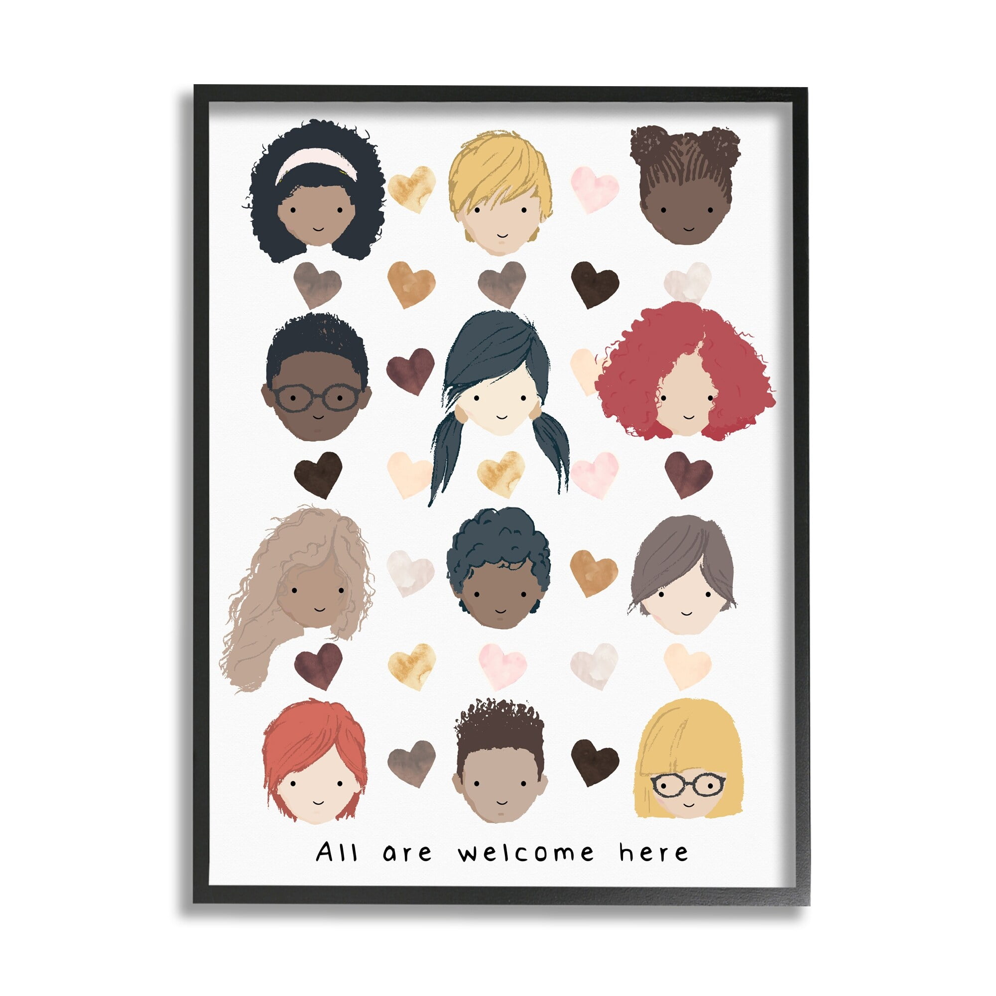 Stupell Industries All Welcome Here Phrase Child Portraits Hearts Typography Painting Black Framed Art Print Wall Art, 16 x 20