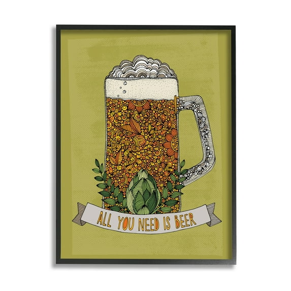 Stupell Industries All You Need Is Beer Floral Pattern Stein Mug Graphic Art Black Framed Art Print Wall Art, Design by Valentina Harper