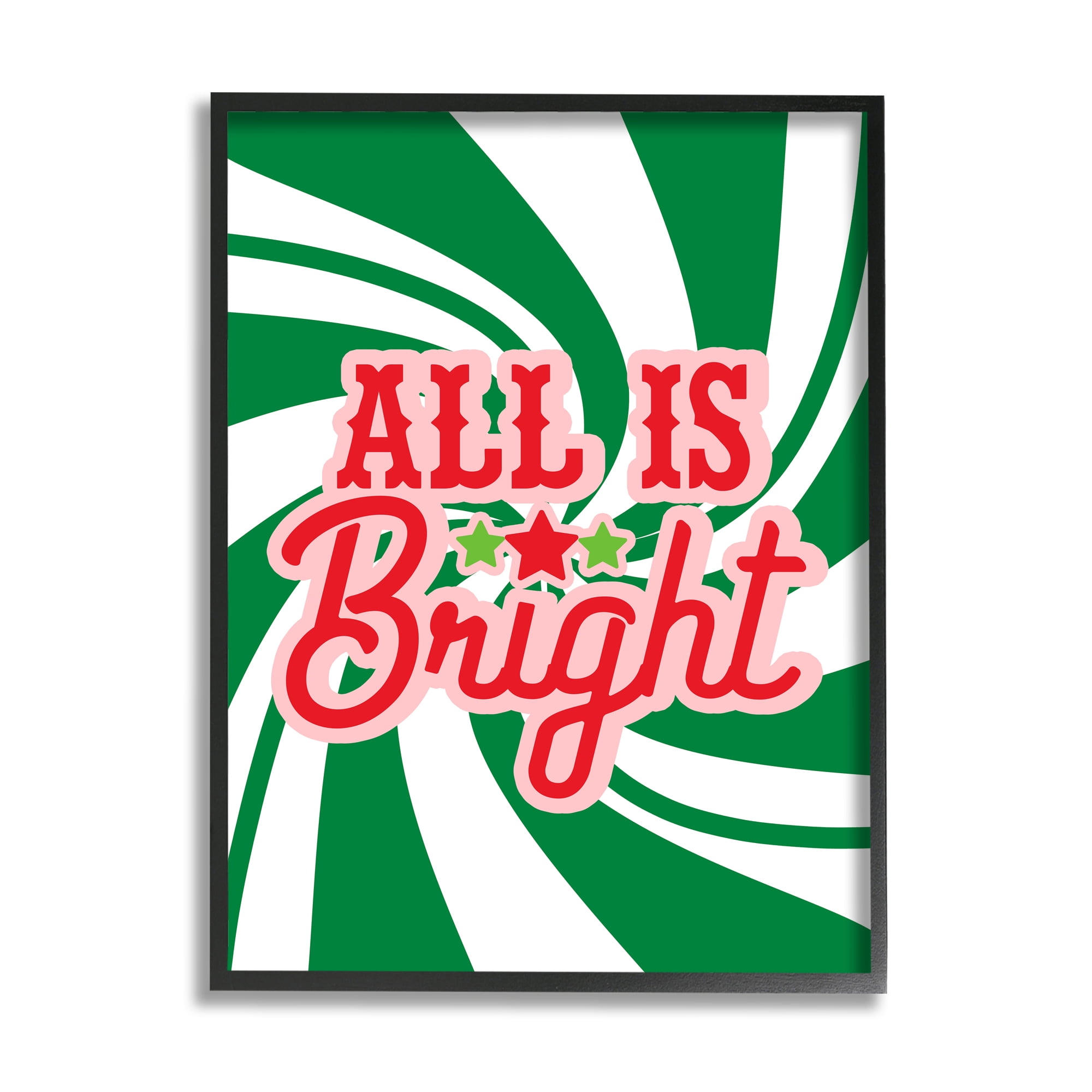 Stupell Industries All's Bright Bold Holiday Typography Green Peppermint Spiral Inspirational Painting Black Framed Art Print Wall Art, 16 x 20