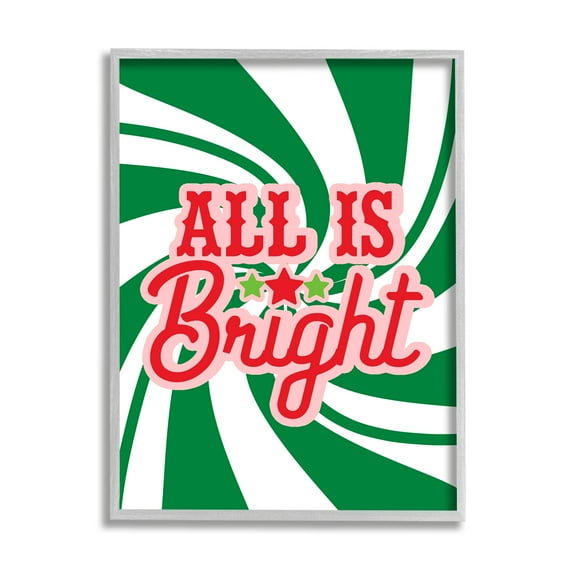 Stupell Industries All's Bright Bold Holiday Typography Green Peppermint Spiral Inspirational Painting Gray Framed Art Print Wall Art, 16 x 20