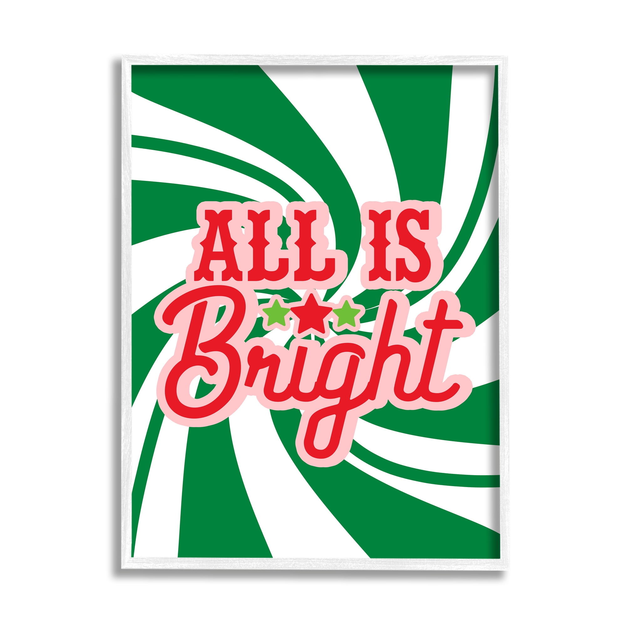 Stupell Industries All's Bright Bold Holiday Typography Green Peppermint Spiral Inspirational Painting White Framed Art Print Wall Art, 24 x 30