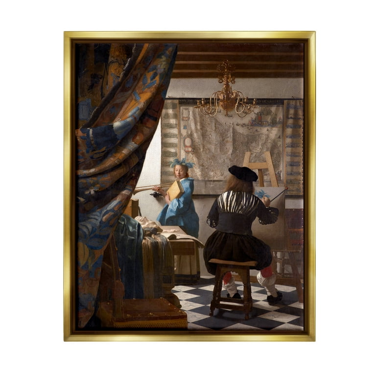 Stupell Industries Allegory of Painting Johannes Vermeer Classical Portrait  Painting Metallic Gold Floating Framed Canvas Print Wall Art, Design by  one1000paintings 