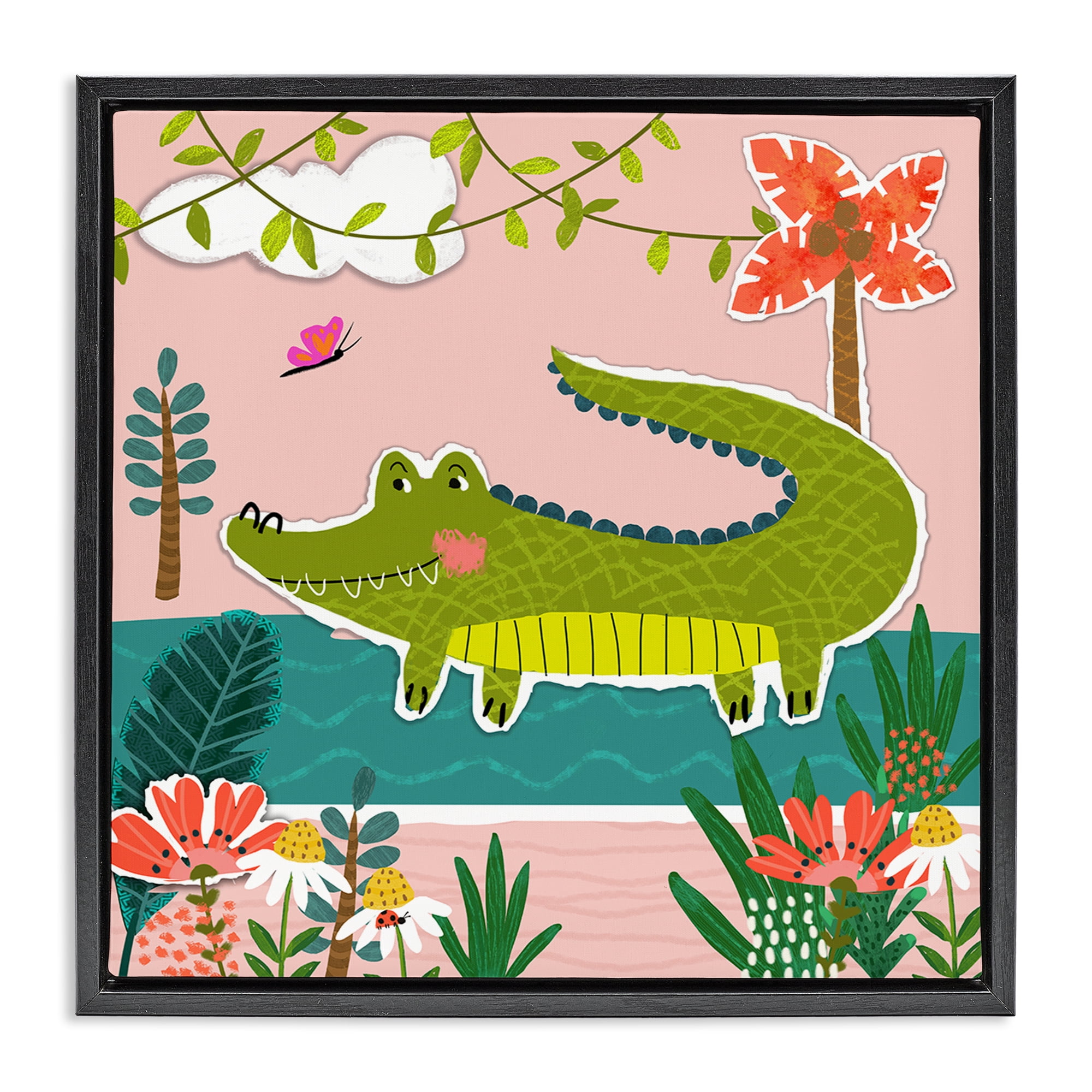 Stupell Industries Alligator In Swamp Animals Painting Black Floater Framed Canvas Art Print Wall Art, 25 x 25