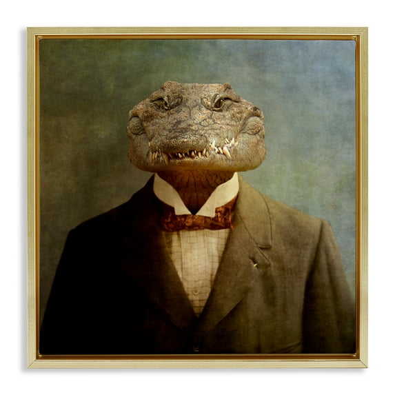 Stupell Industries Alligator in Business Suit Animals & Insects Painting Gold Floater Framed Canvas Art Print Wall Art, 18 x 18