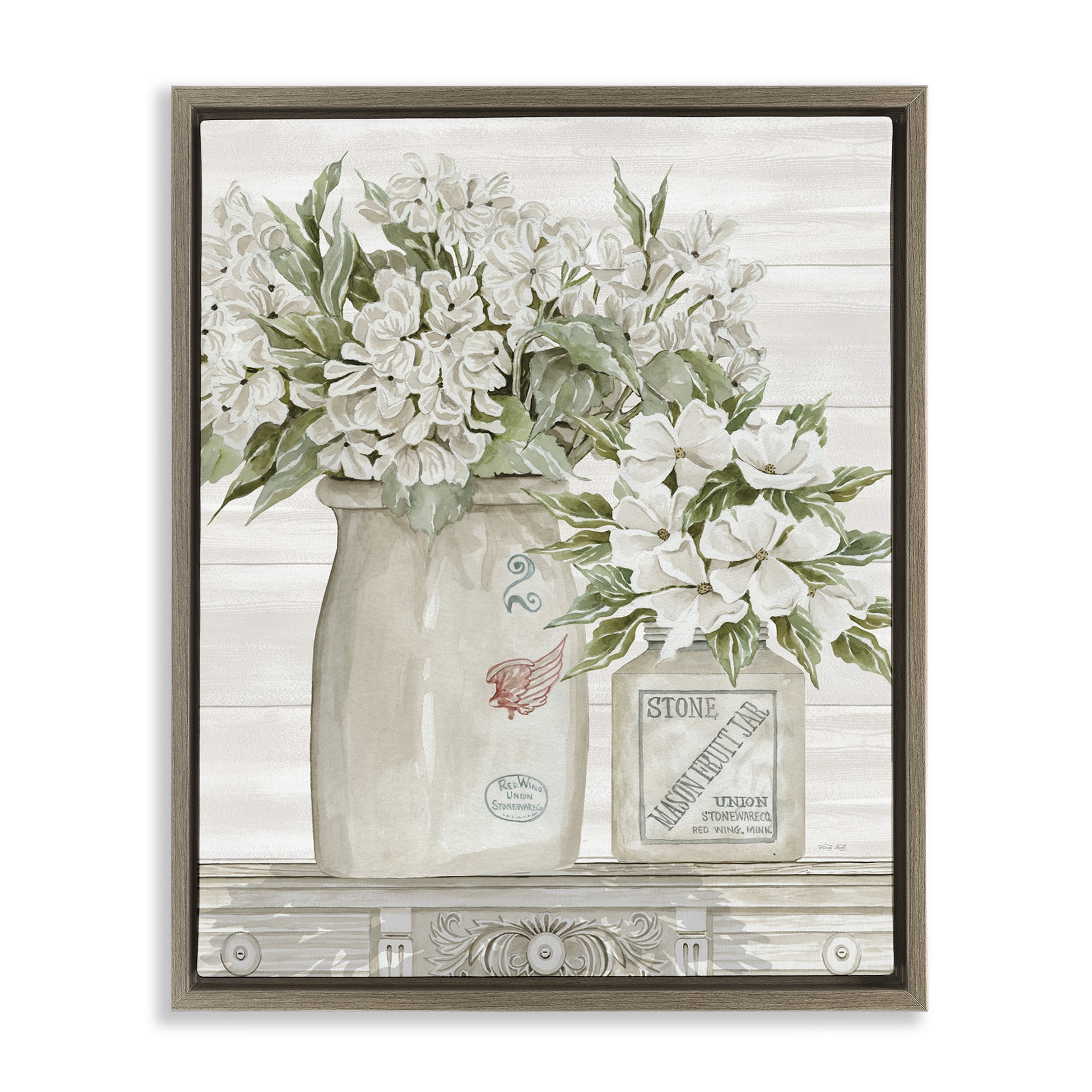 Stupell Industries Alluring White Floral Jars Botanical & Floral Painting Brown Floater Framed Canvas Art Print Wall Art, 17 x 21