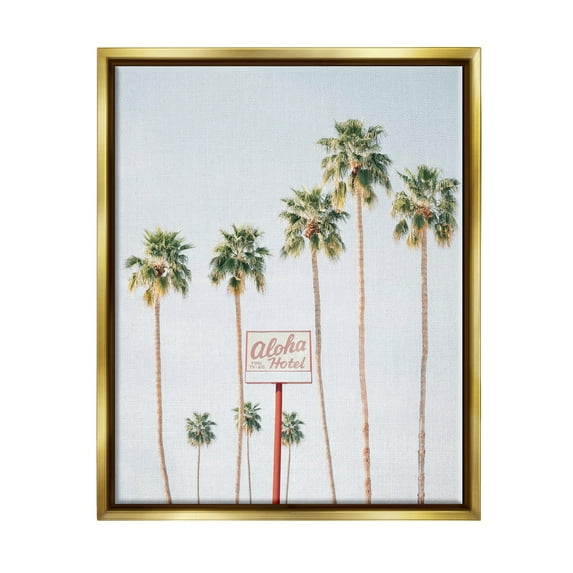 Stupell Industries Aloha Hotel with Palm Trees Botanical & Floral Painting Gold Floater Framed Art Print Wall Art, 25 x 31