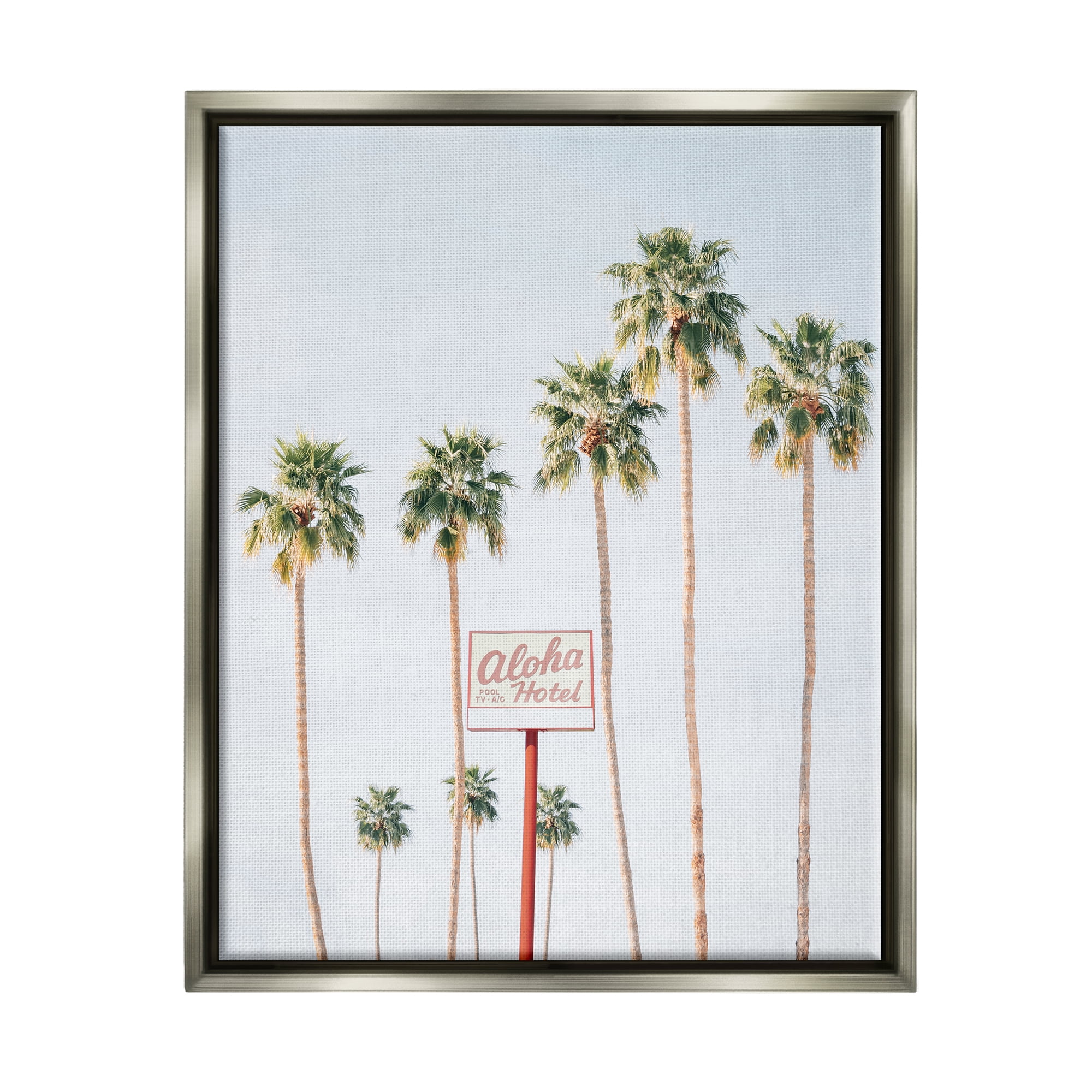 Stupell Industries Aloha Hotel with Palm Trees Botanical & Floral Painting Gray Floater Framed Art Print Wall Art, 17 x 21