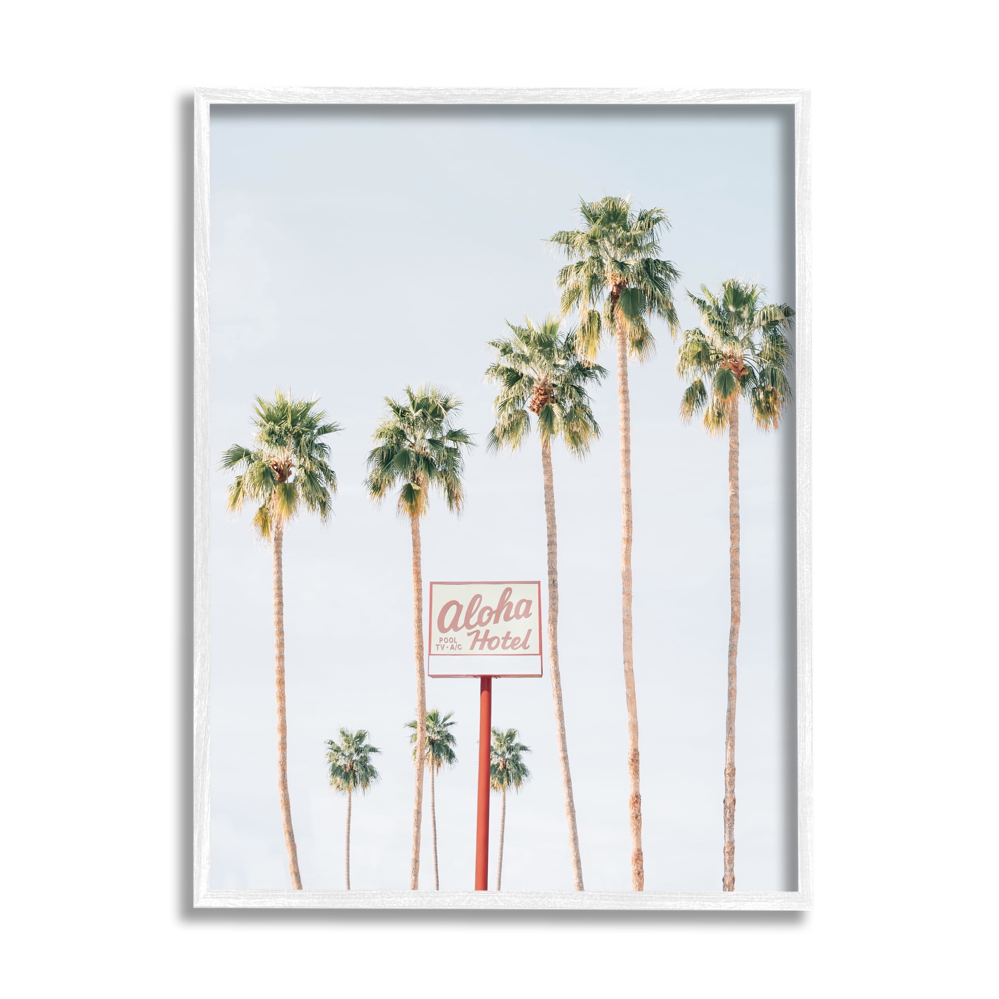 Stupell Industries Aloha Hotel with Palm Trees Botanical & Floral Painting White Framed Art Print Wall Art, 11 x 14