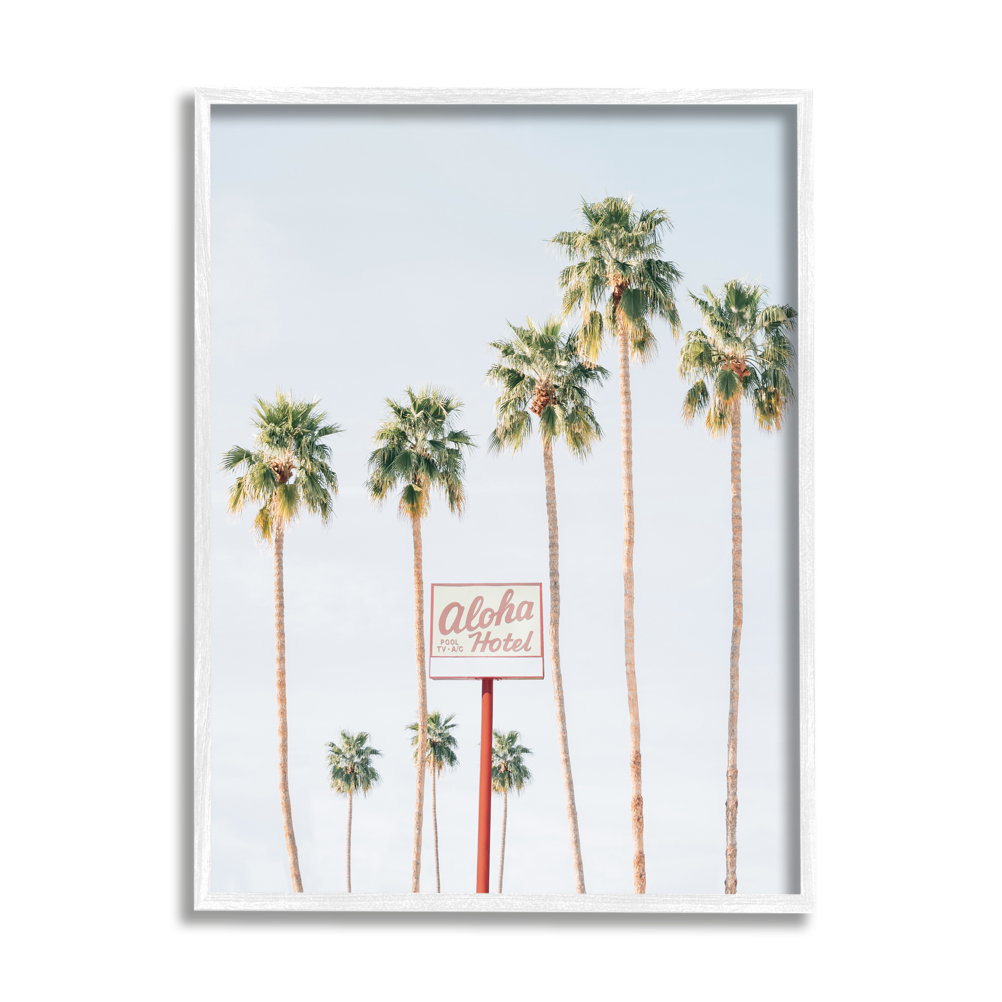 Stupell Industries Aloha Hotel with Palm Trees Botanical & Floral Painting White Framed Art Print Wall Art, 16 x 20