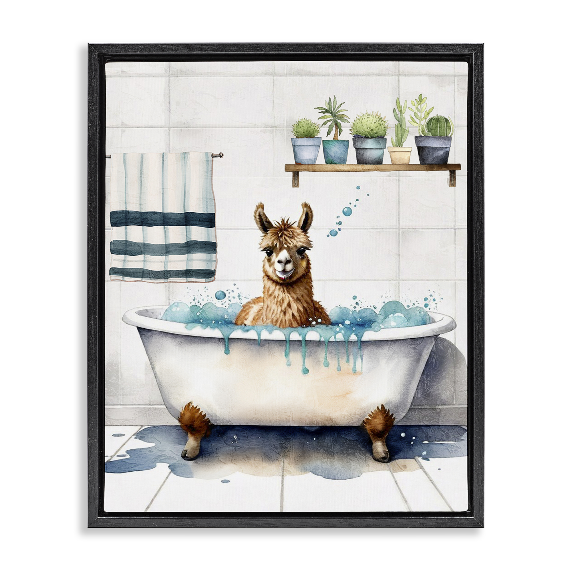 Stupell Industries Alpaca Bathtime Suds Bath & Laundry Painting Black Floater Framed Canvas Art Print Wall Art, 17 x 21