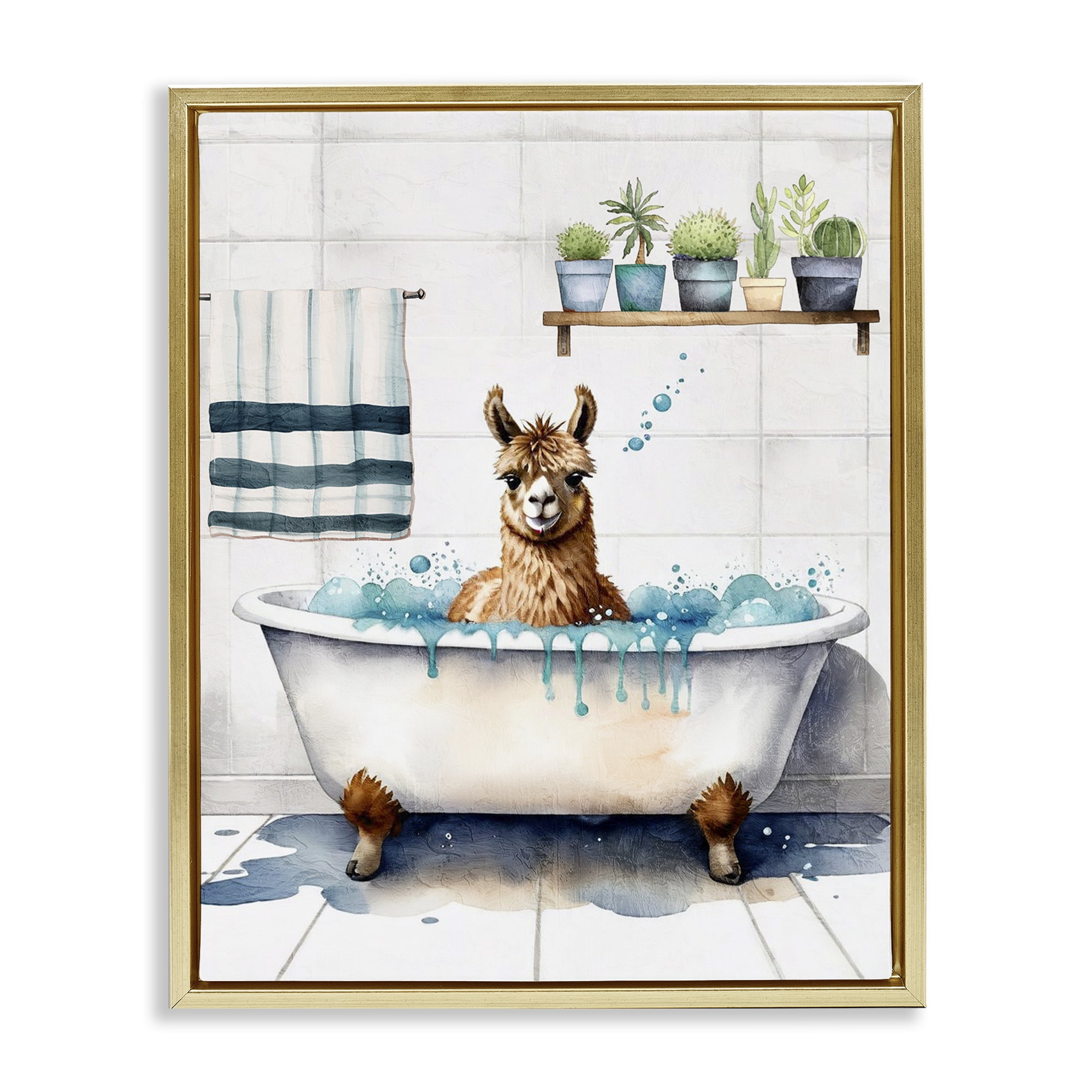 Stupell Industries Alpaca Bathtime Suds Bath & Laundry Painting Gold Floater Framed Canvas Art Print Wall Art, 17 x 21