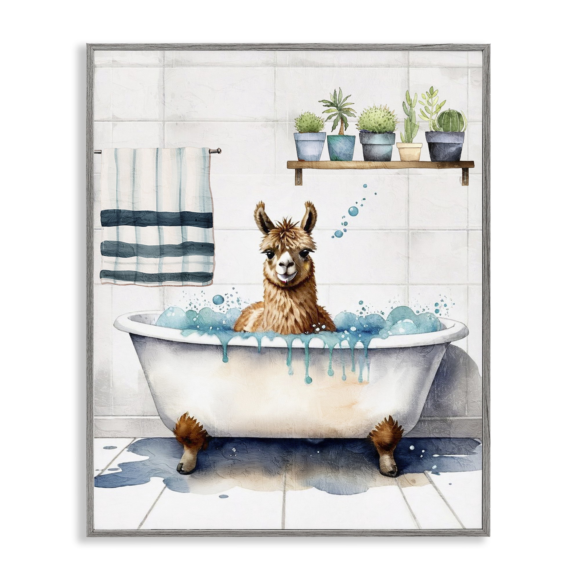 Stupell Industries Alpaca Bathtime Suds Bath & Laundry Painting Gray Framed Art Print Wall Art, 16 x 20