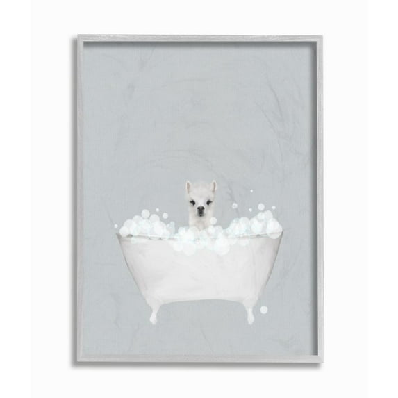 Stupell Industries Alpaca Blue Bath Cute Animal Design Graphic Art Gray Framed Art Print Wall Art, 11x14, by Leah Straatsma