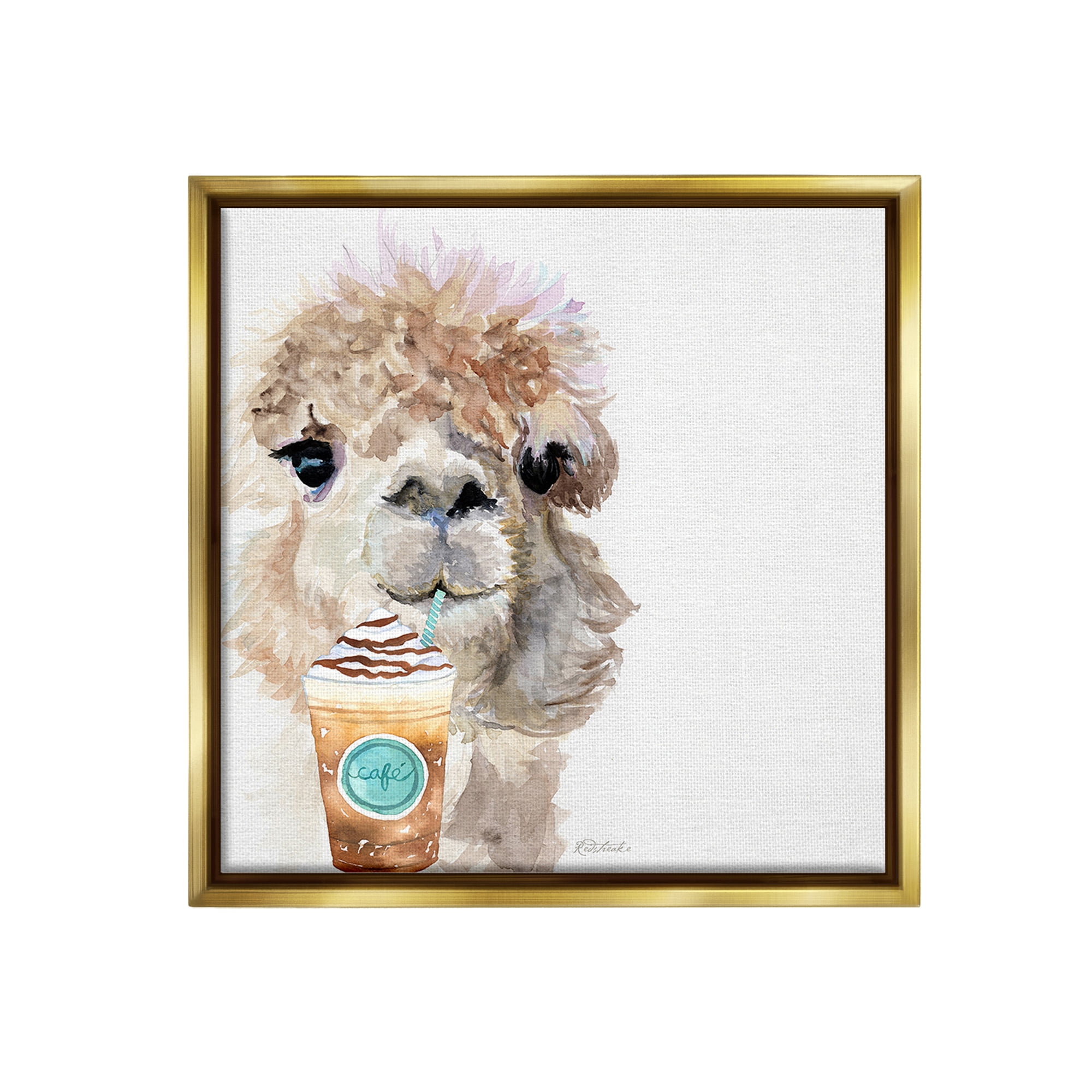 Stupell Industries Alpaca & Coffee Latte Animals & Insects Painting Gold Floater Framed Canvas Art Print Wall Art, 18 x 18
