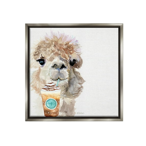 Stupell Industries Alpaca & Coffee Latte Animals & Insects Painting Gray Floater Framed Canvas Art Print Wall Art, 18 x 18