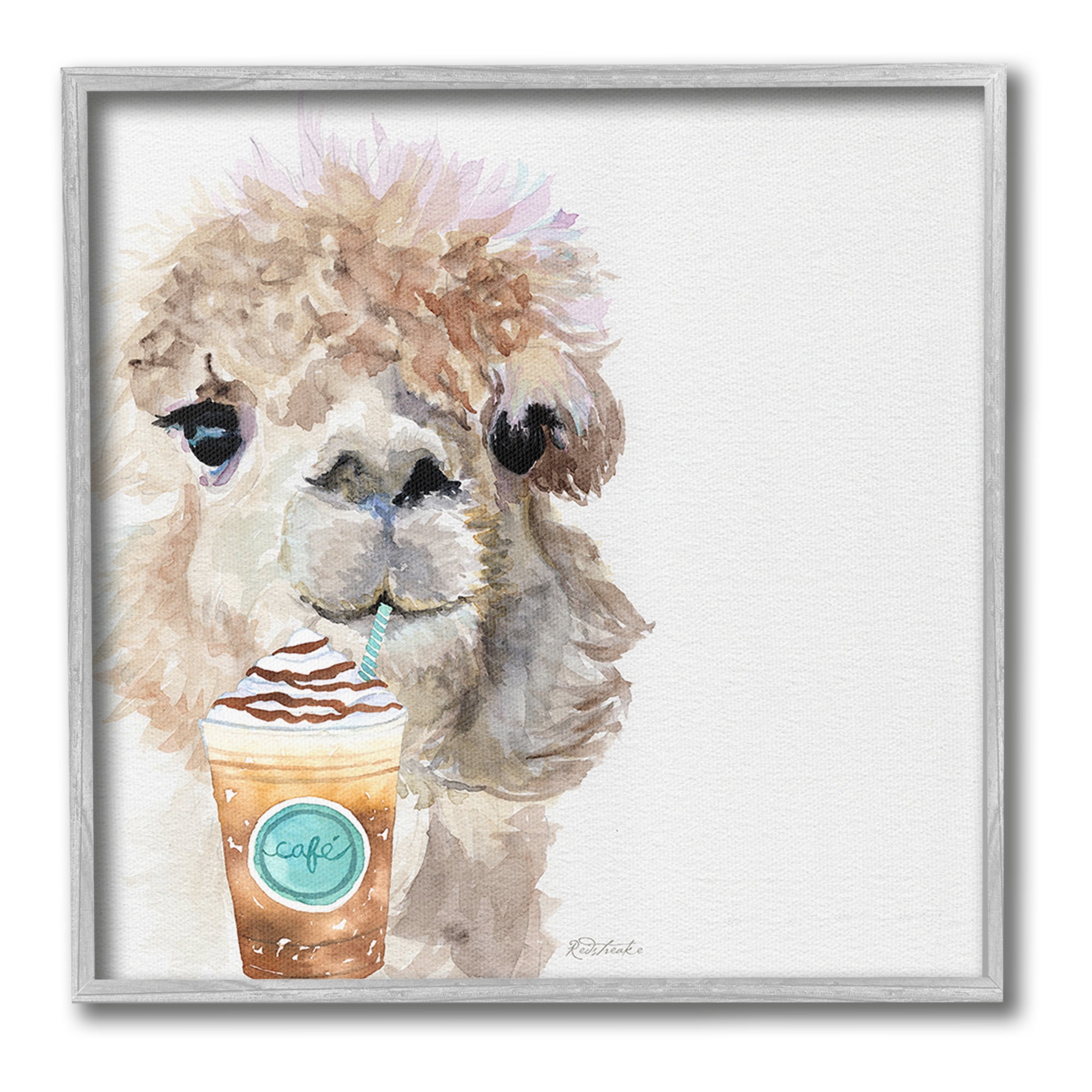 Stupell Industries Alpaca & Coffee Latte Animals & Insects Painting Gray Framed Art Print Wall Art, 12 x 12
