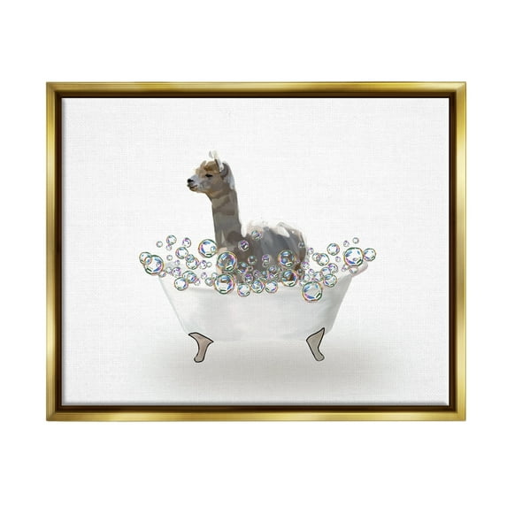 Stupell Industries Alpaca in Bubble Bath Animals & Insects Painting Gold Floater Framed Art Print Wall Art, 21 x 17