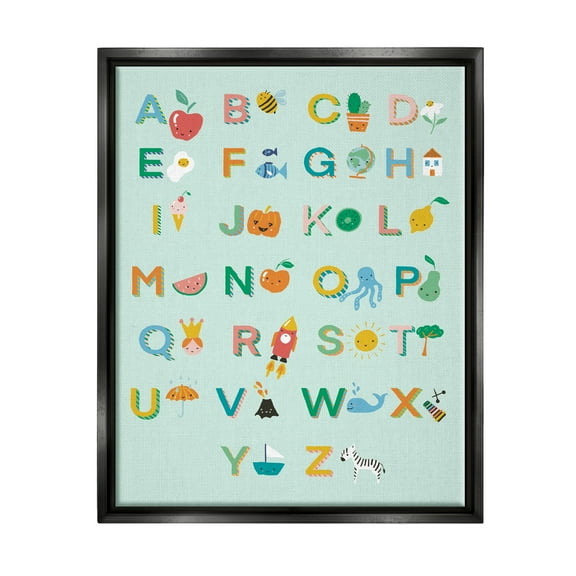 Stupell Industries Alphabet Chart on Mint Green Typography Painting Black Floater Framed Canvas Art Print Wall Art, 17 x 21