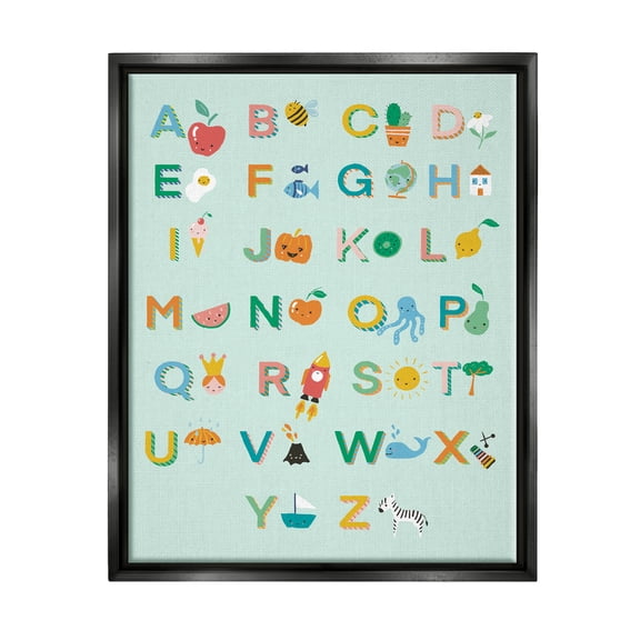 Stupell Industries Alphabet Chart on Mint Green Typography Painting Black Floater Framed Canvas Art Print Wall Art, 25 x 31