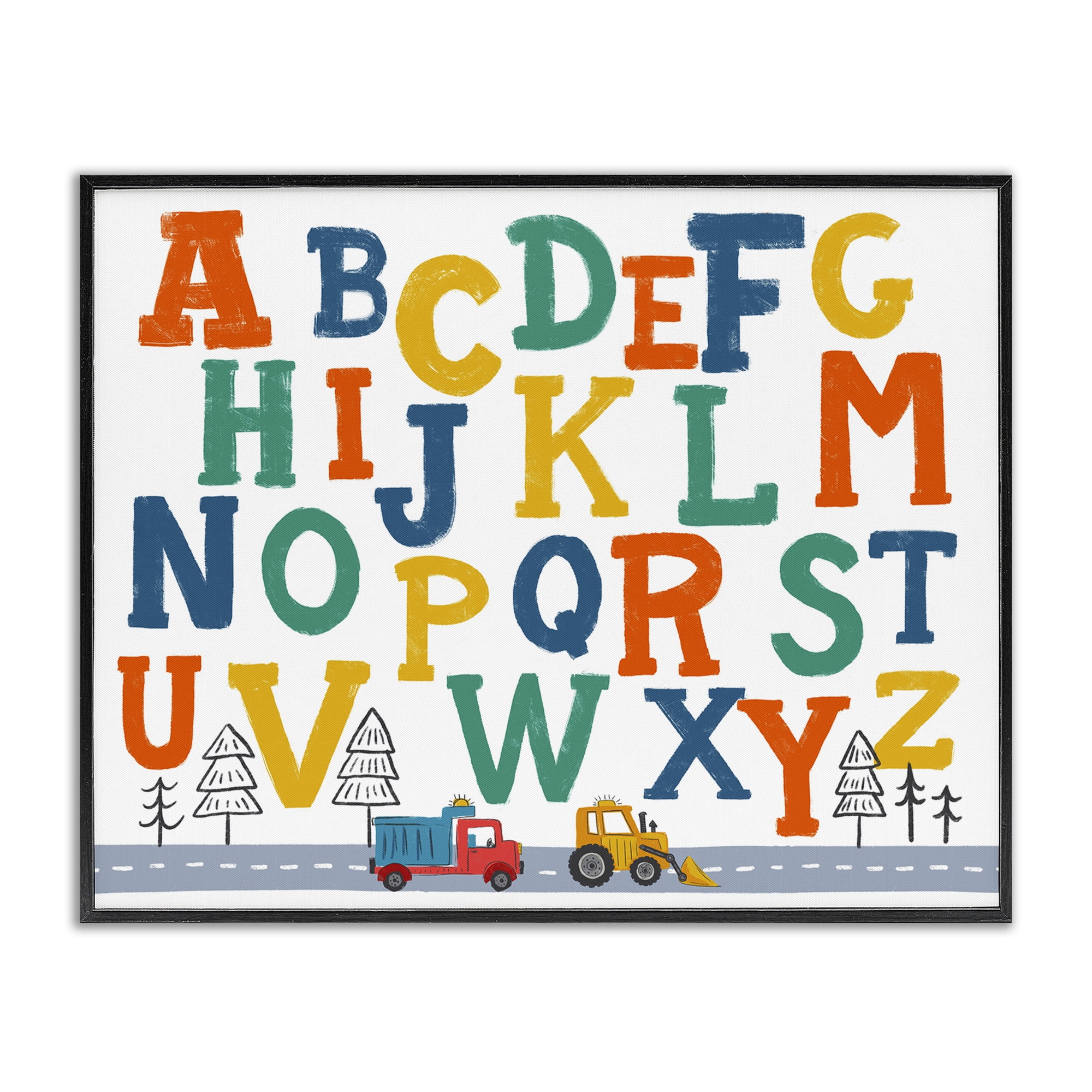 Stupell Industries Alphabet & Construction Trucks Education Painting Black Framed Art Print Wall Art, 20 x 16