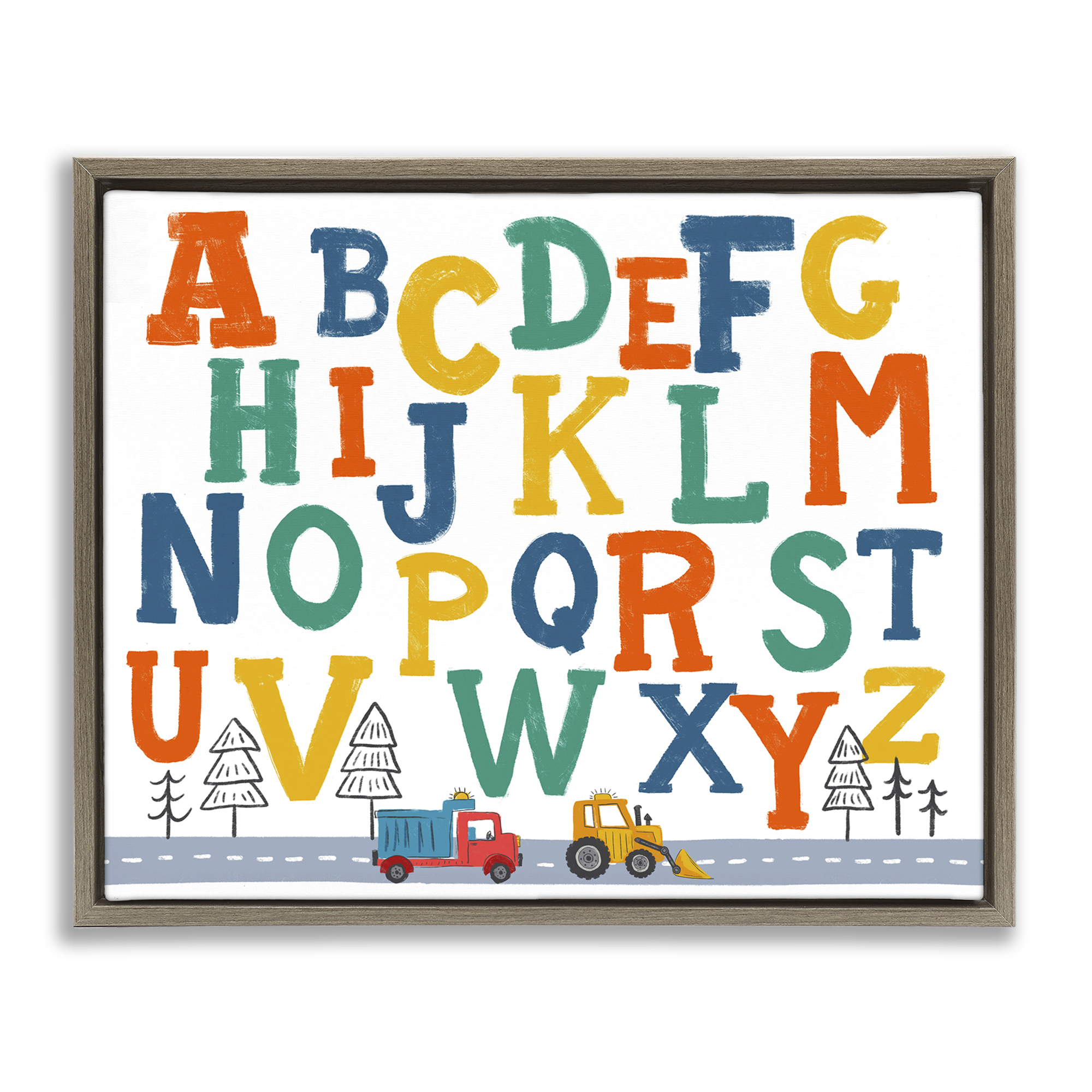 Stupell Industries Alphabet & Construction Trucks Education Painting Brown Floater Framed Canvas Art Print Wall Art, 31 x 25