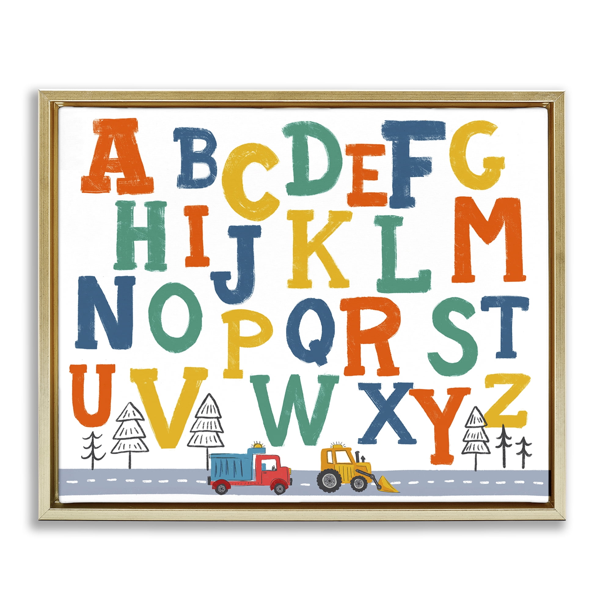 Stupell Industries Alphabet & Construction Trucks Education Painting Gold Floater Framed Canvas Art Print Wall Art, 31 x 25